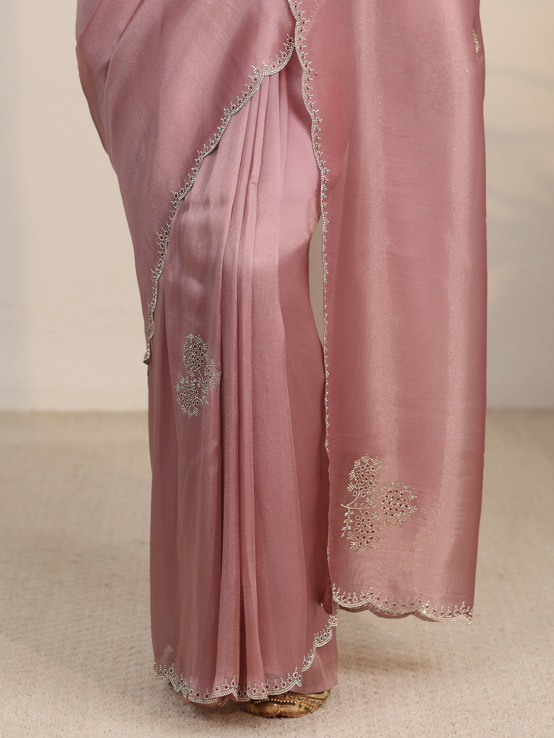 Mameraa Rose Pink Embellished Organza Saree with Scalloped Border