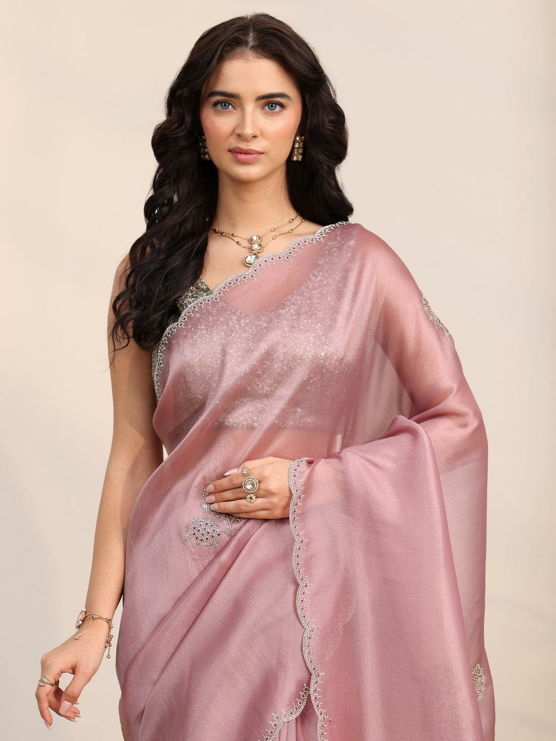 Mameraa Rose Pink Embellished Organza Saree with Scalloped Border