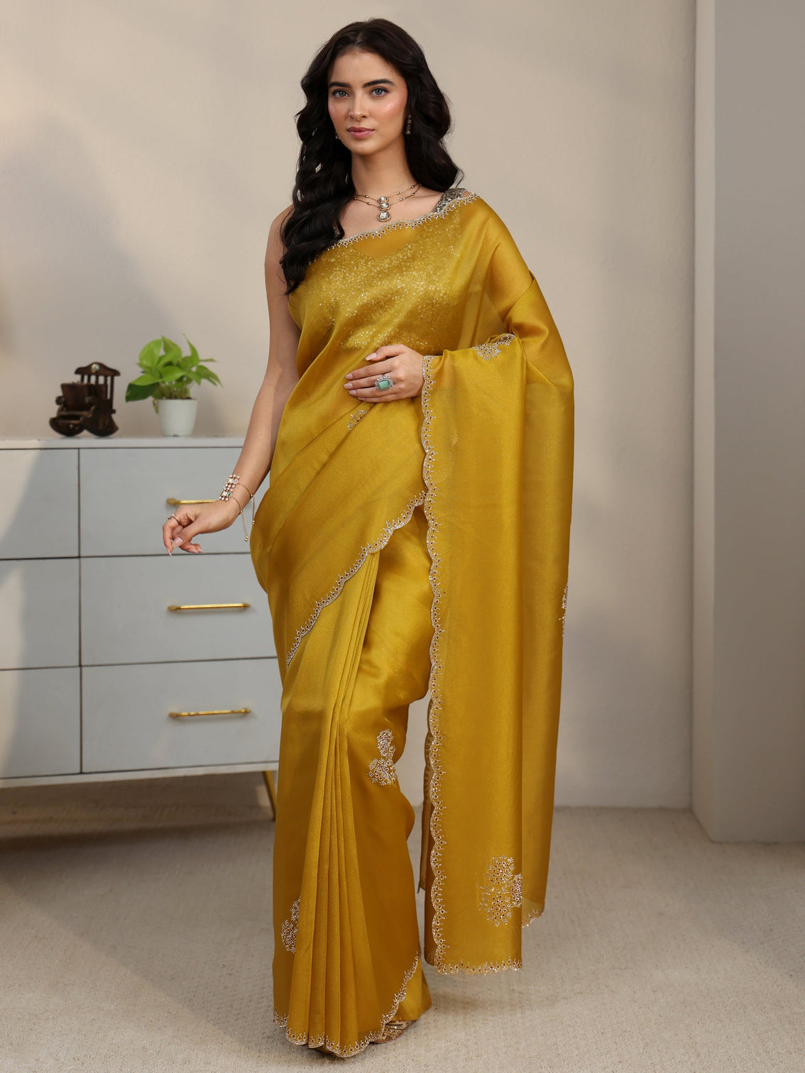 Mameraa Mustard Embellished Organza Saree with Scalloped Border
