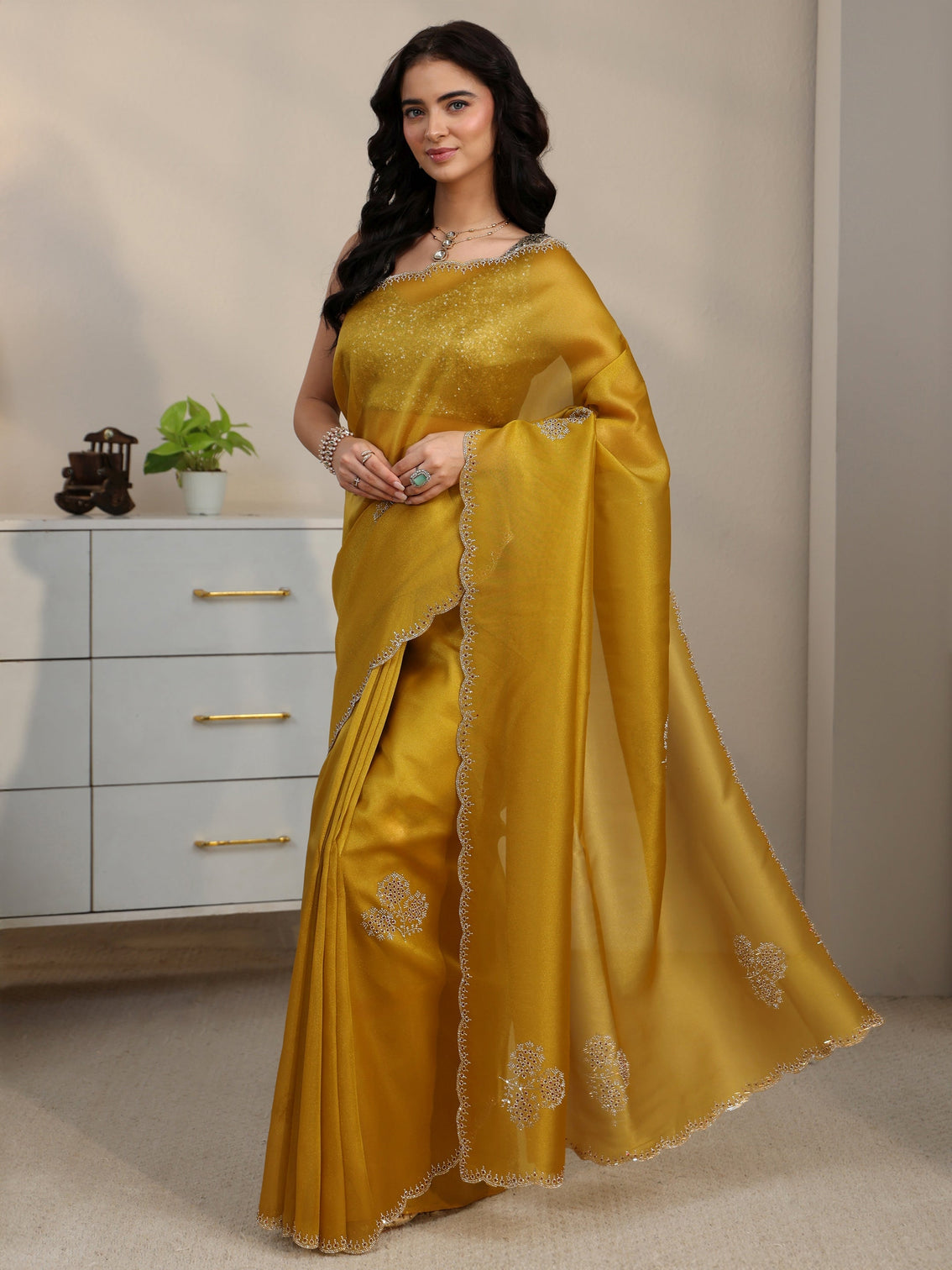 Mameraa Mustard Embellished Organza Saree with Scalloped Border