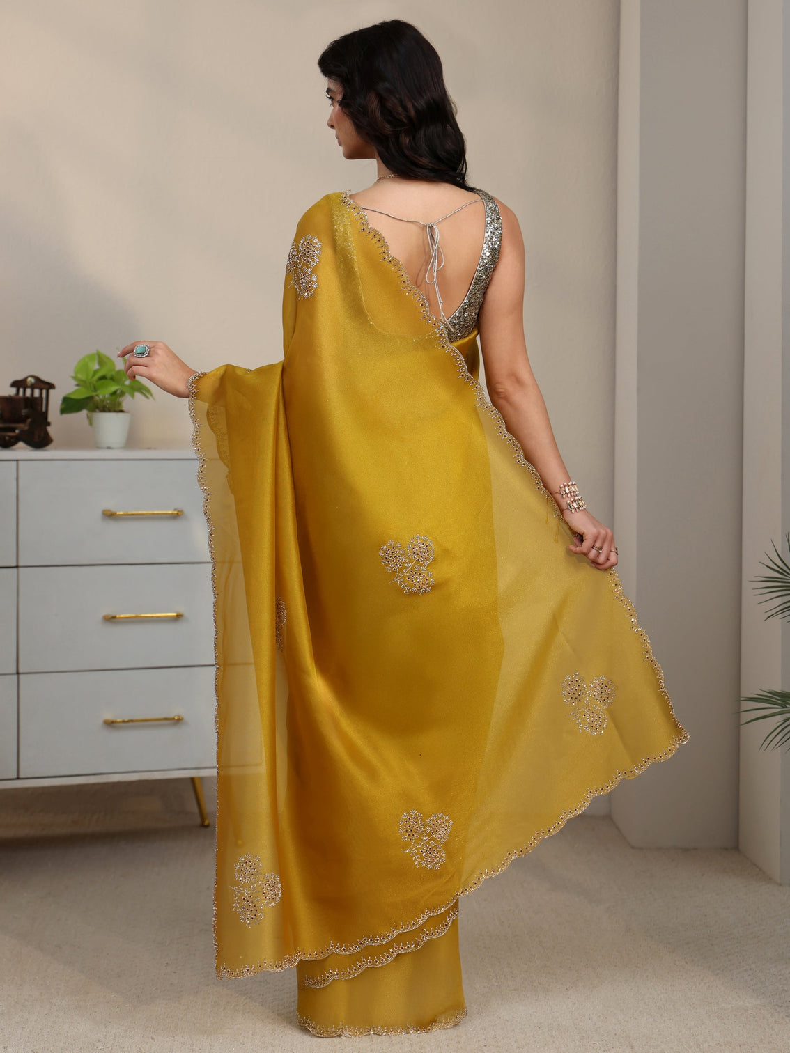Mameraa Mustard Embellished Organza Saree with Scalloped Border