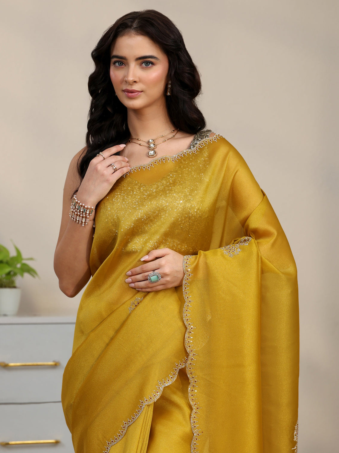 Mameraa Mustard Embellished Organza Saree with Scalloped Border