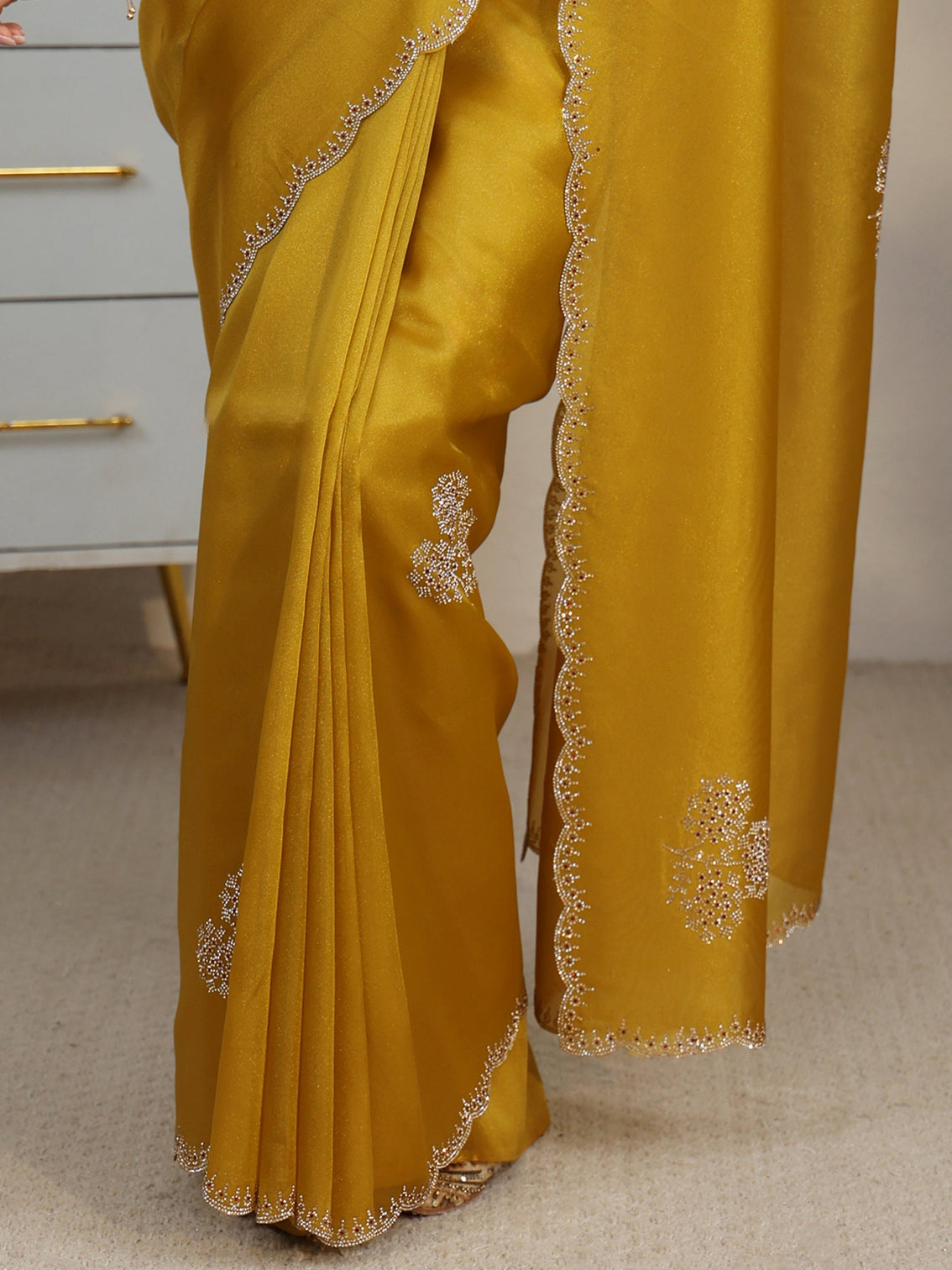 Mameraa Mustard Embellished Organza Saree with Scalloped Border