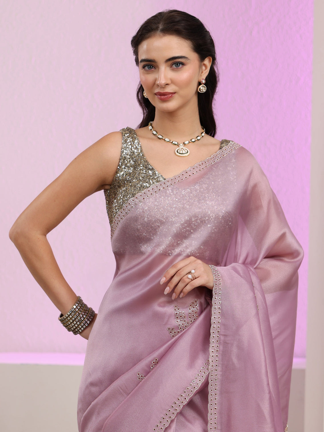 Mameraa Lavender Embellished Organza Saree