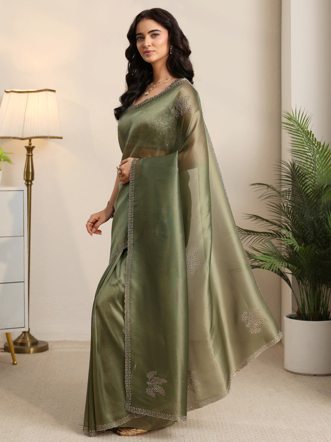 Mameraa Olive Green Embellished Organza Saree