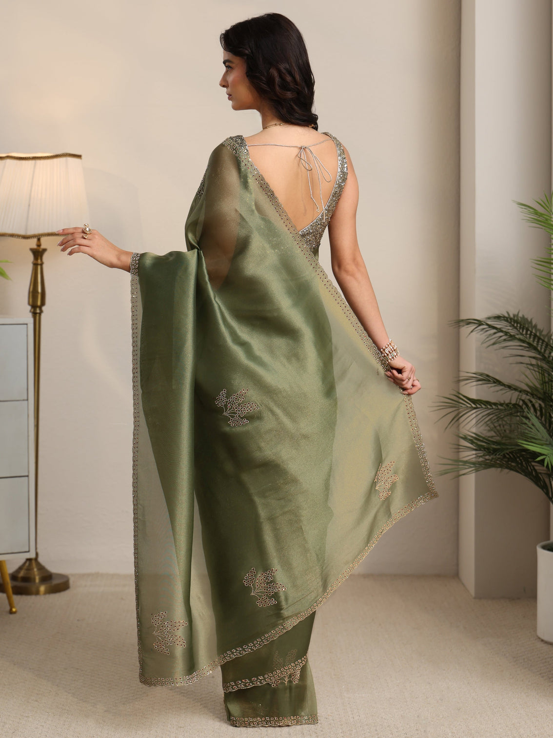 Mameraa Olive Green Embellished Organza Saree