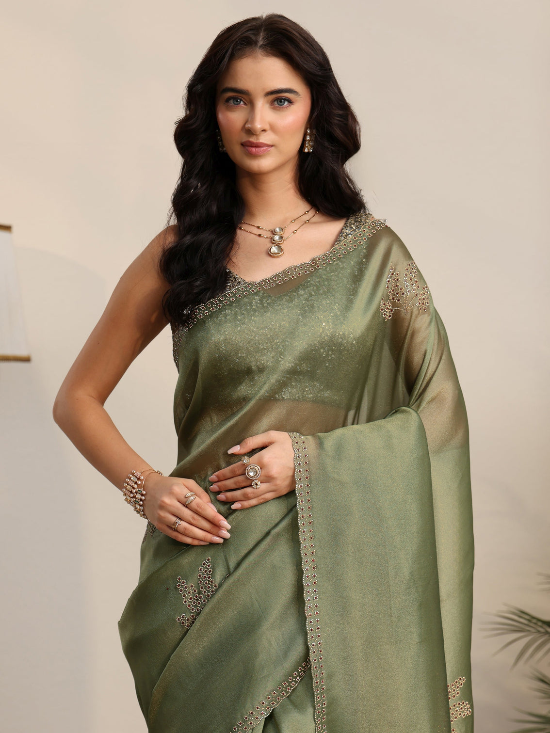 Mameraa Olive Green Embellished Organza Saree