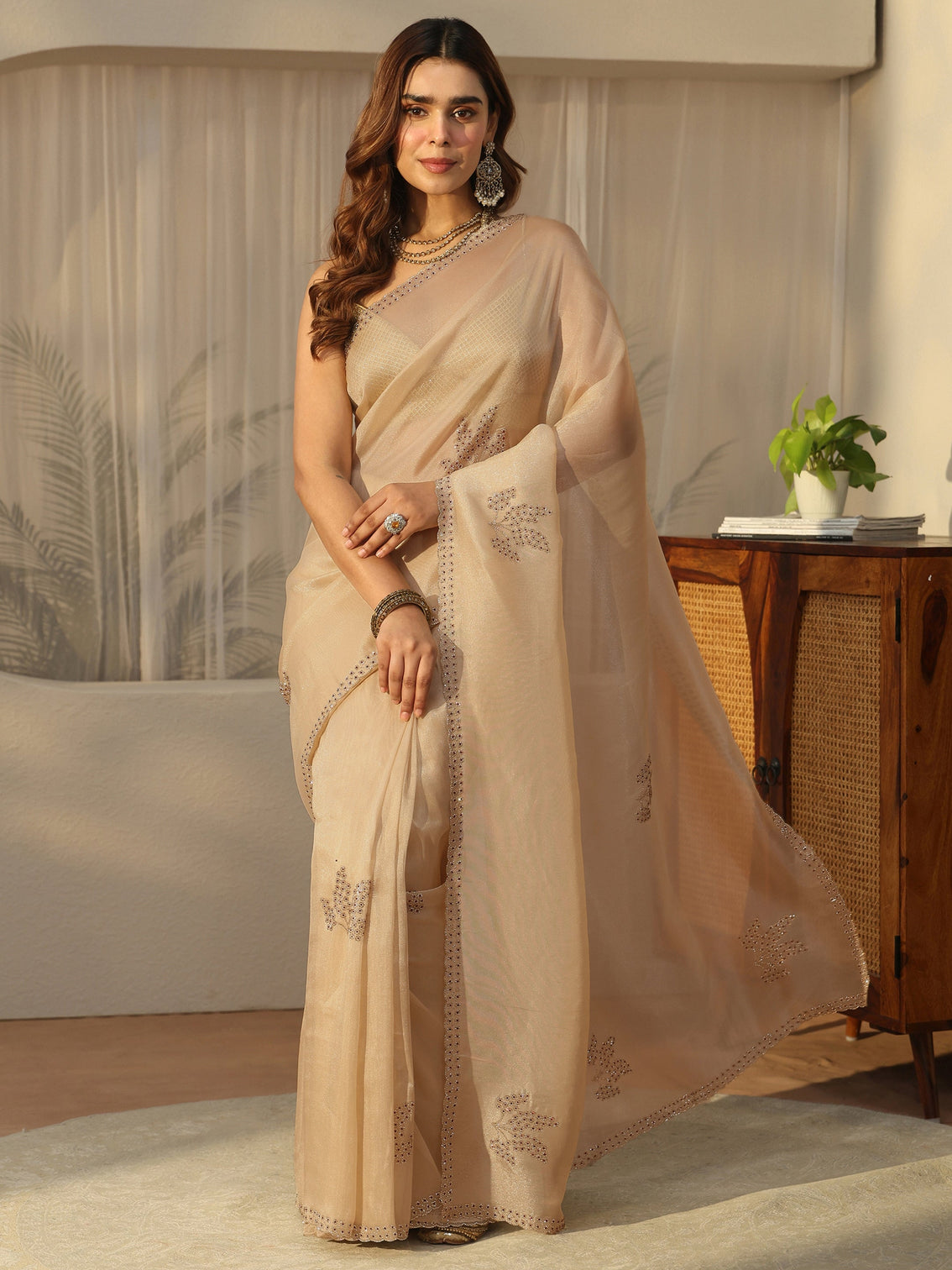 Mameraa Cream Floral Embellished Organza Saree