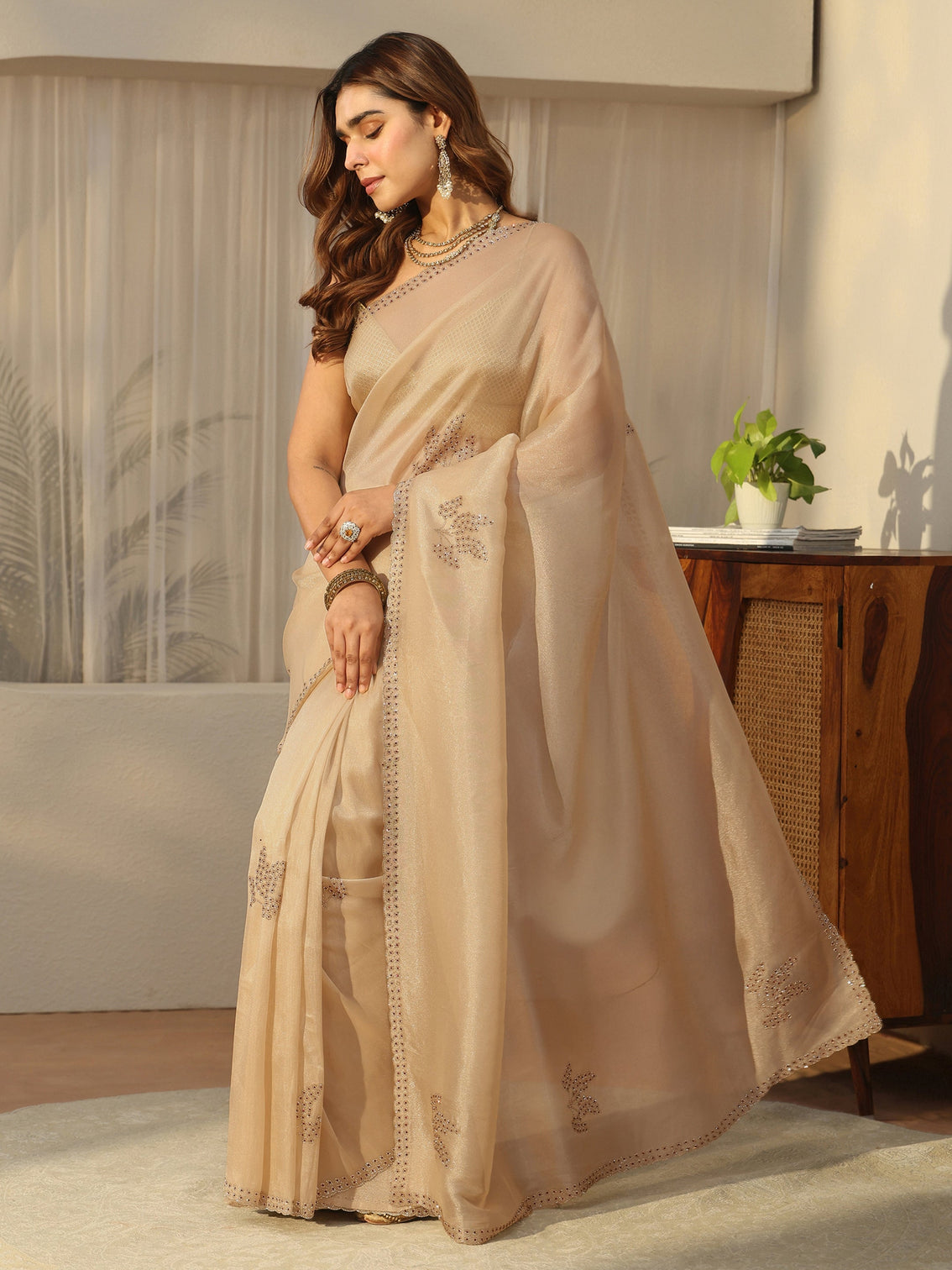 Mameraa Cream Floral Embellished Organza Saree