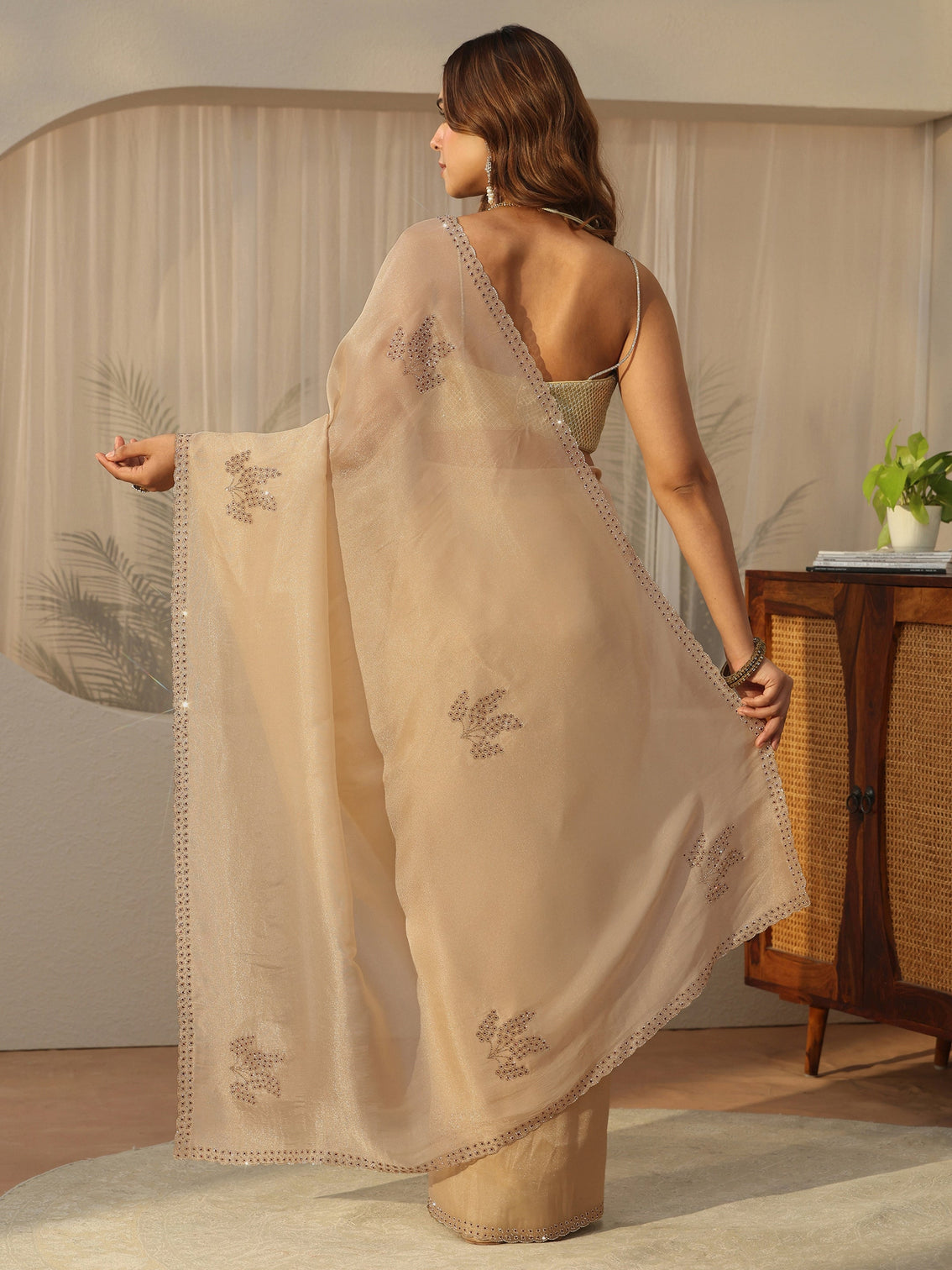 Mameraa Cream Floral Embellished Organza Saree