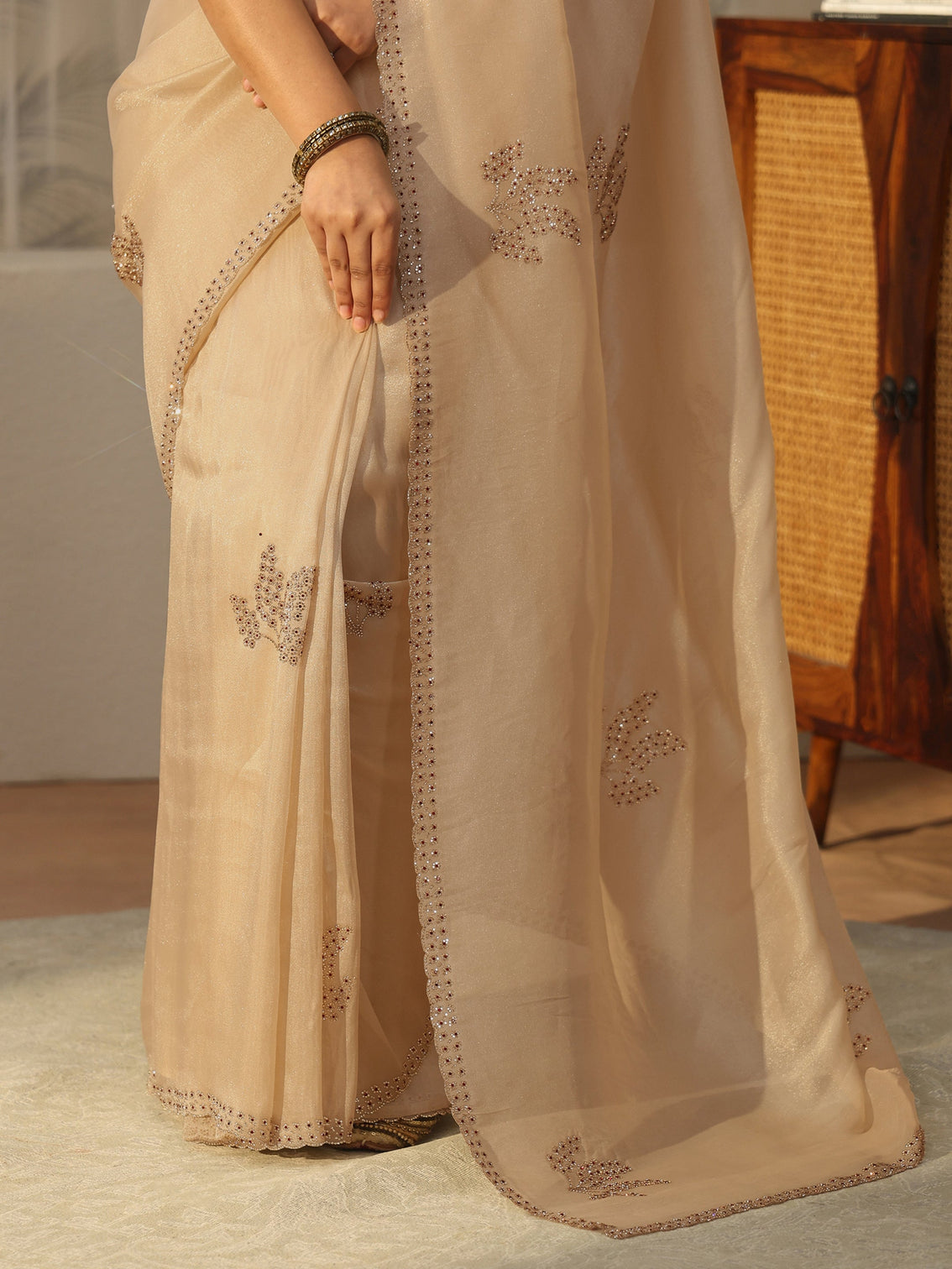 Mameraa Cream Floral Embellished Organza Saree