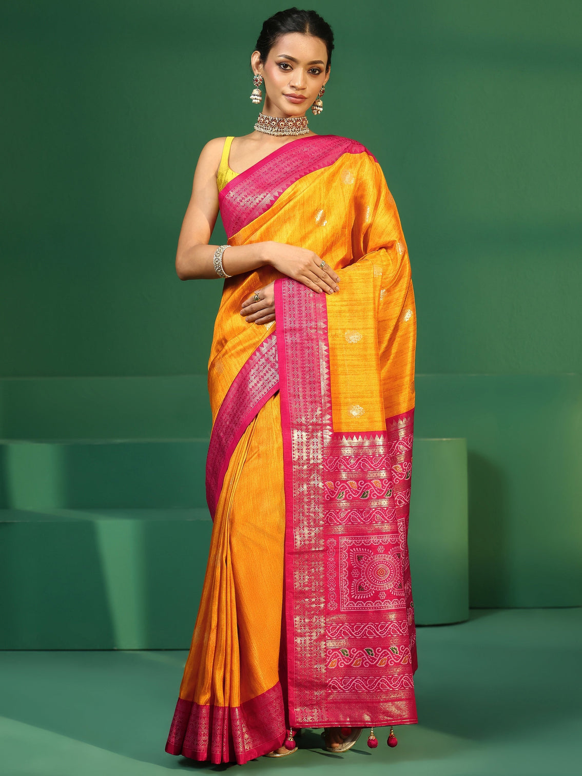 Mameraa Mustard Printed Silk Blend Saree