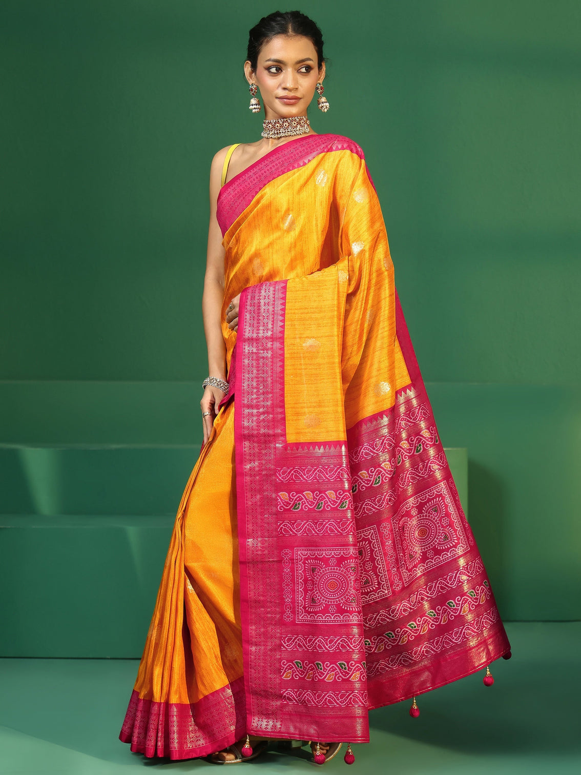 Mameraa Mustard Printed Silk Blend Saree