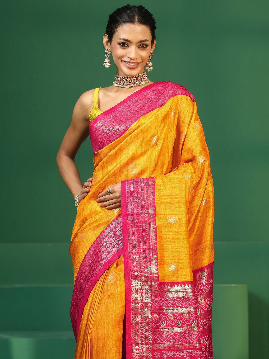 Mameraa Mustard Printed Silk Blend Saree
