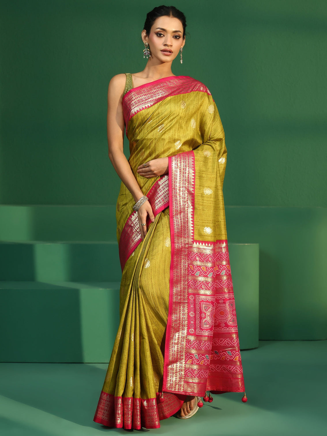 Mameraa Fern Green Printed Silk Blend Saree