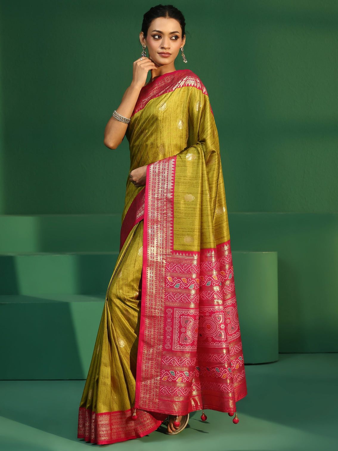 Mameraa Fern Green Printed Silk Blend Saree