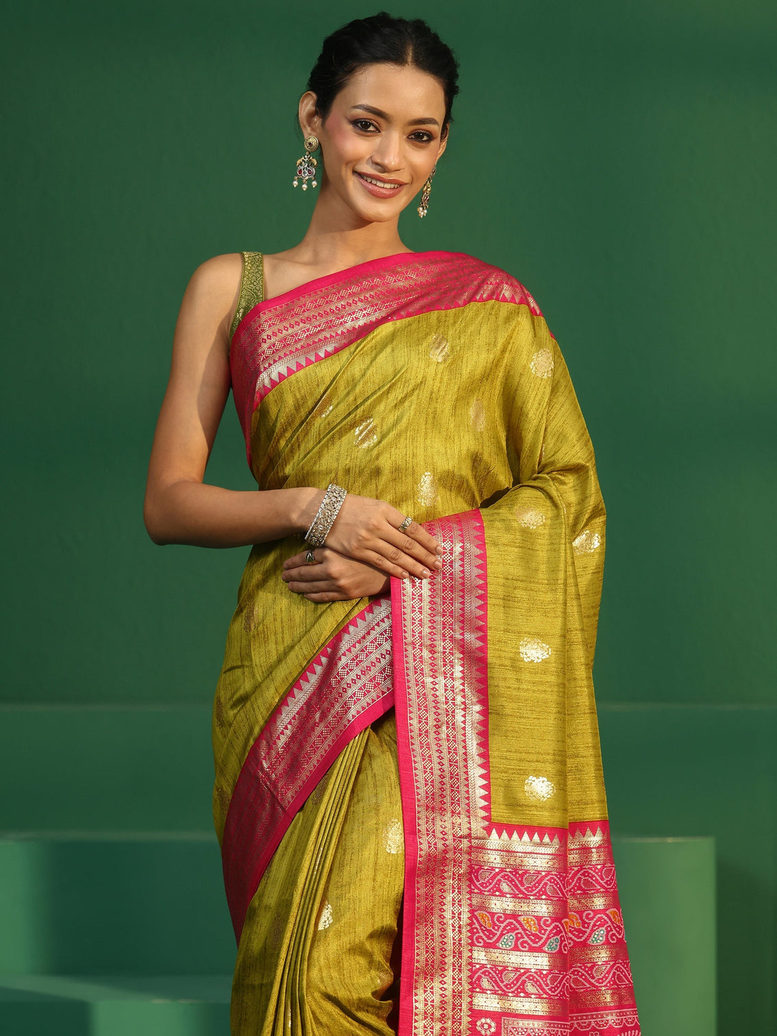 Mameraa Fern Green Printed Silk Blend Saree