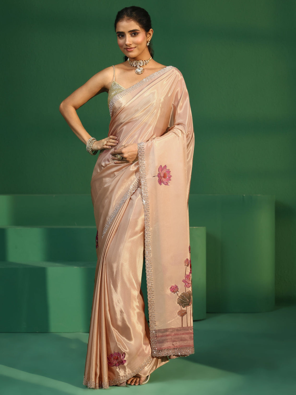 Mameraa Cream Lotus Printed Satin Saree with Embellished Border