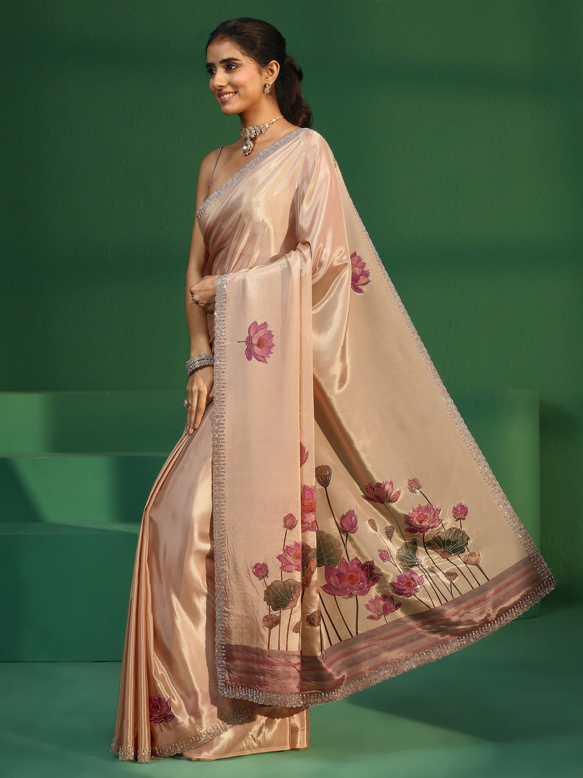 Mameraa Cream Lotus Printed Satin Saree with Embellished Border