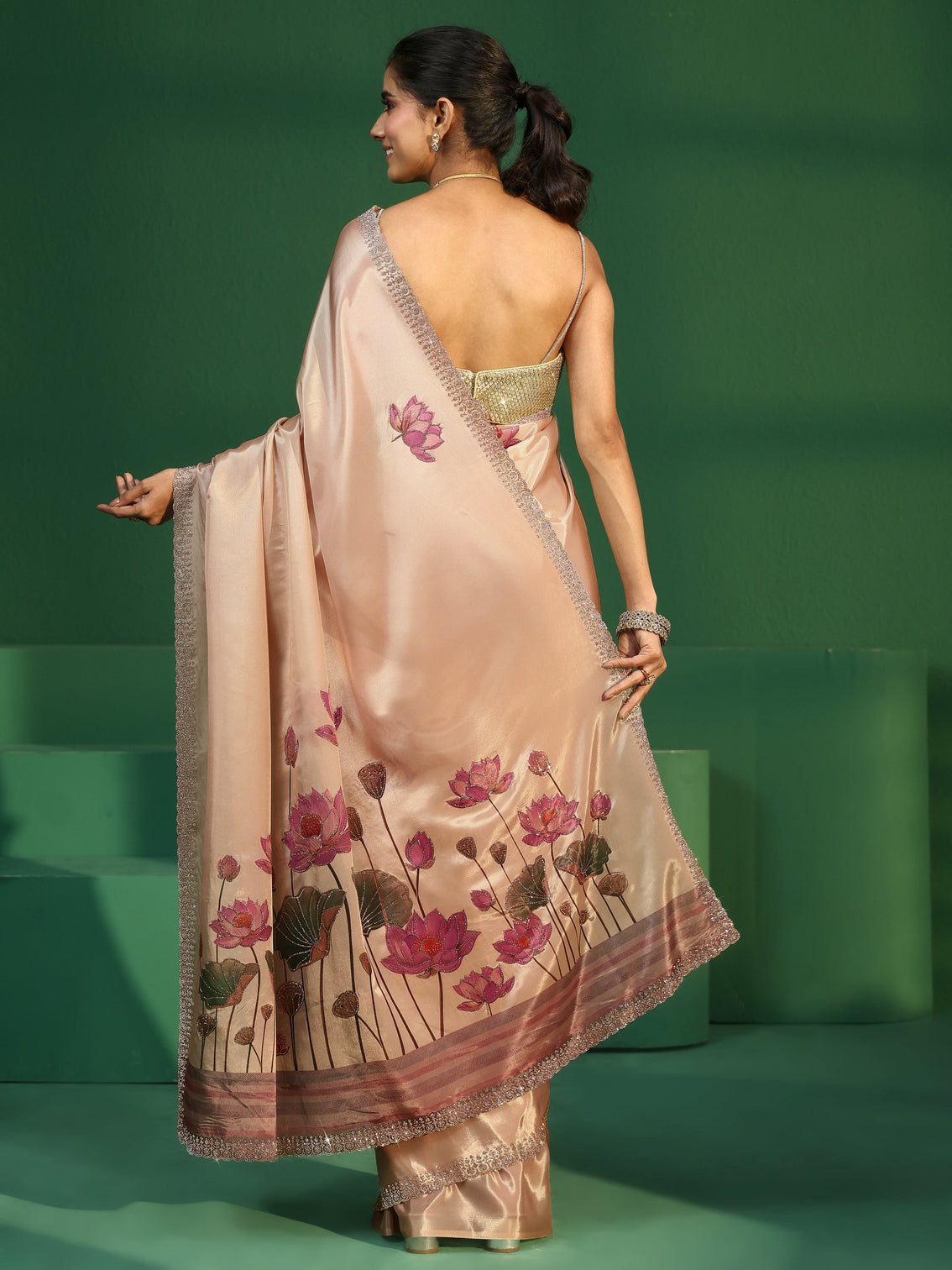 Mameraa Cream Lotus Printed Satin Saree with Embellished Border