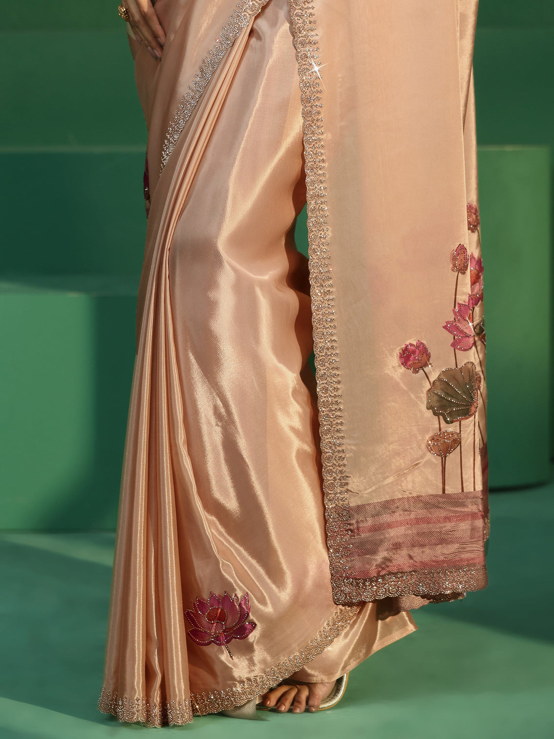 Mameraa Cream Lotus Printed Satin Saree with Embellished Border