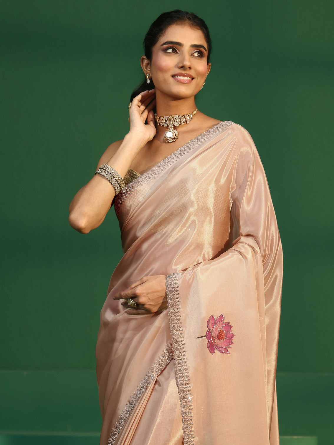 Mameraa Cream Lotus Printed Satin Saree with Embellished Border