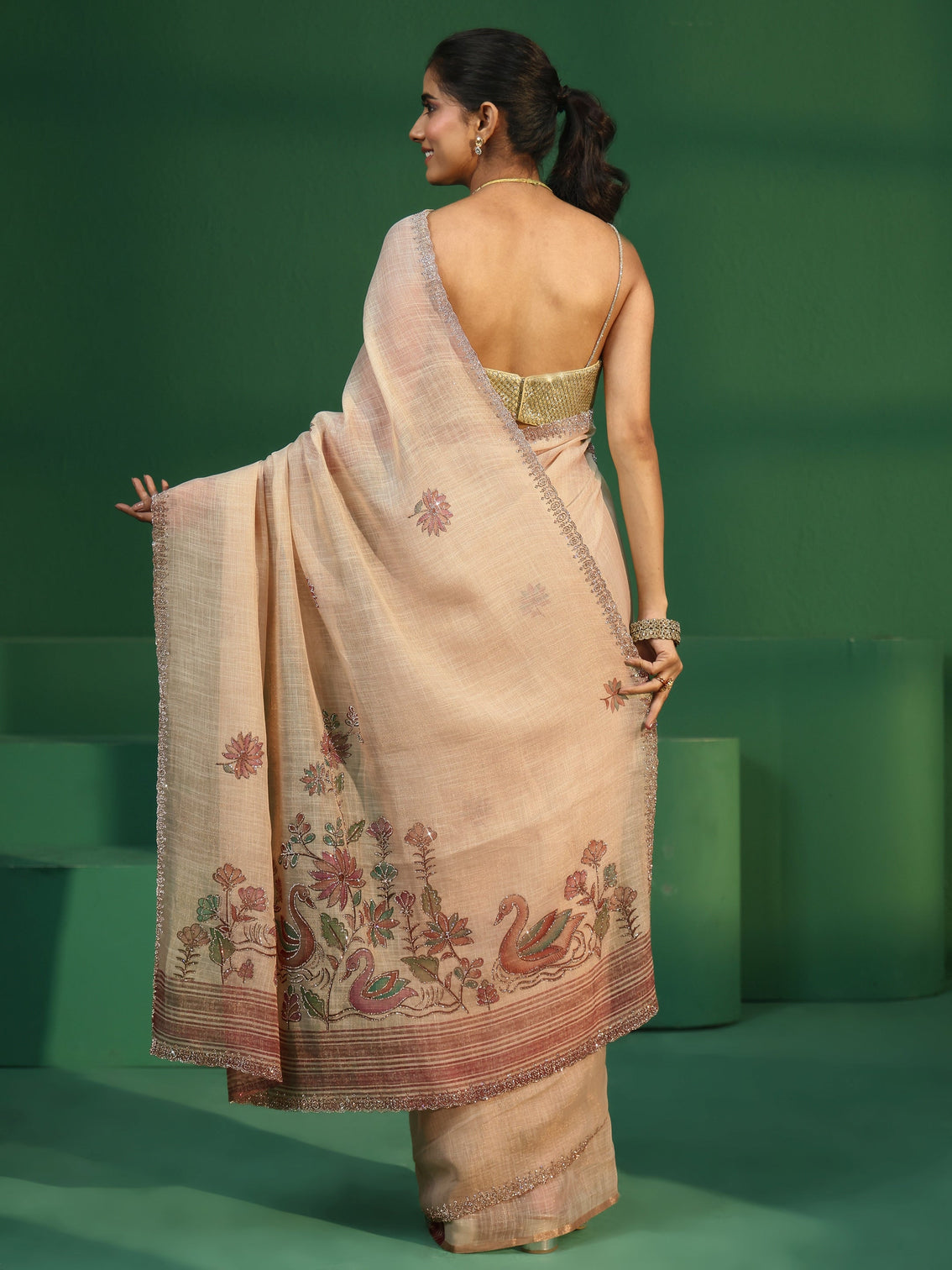 Mameraa Cream Floral Stone Work Embellished Cotton Blend Saree