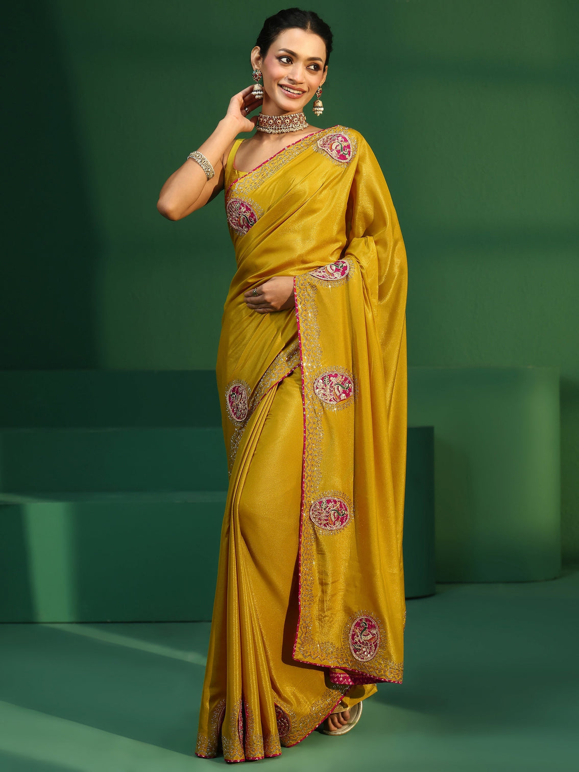 Mameraa Mustard Applique Work Embellished Satin Saree