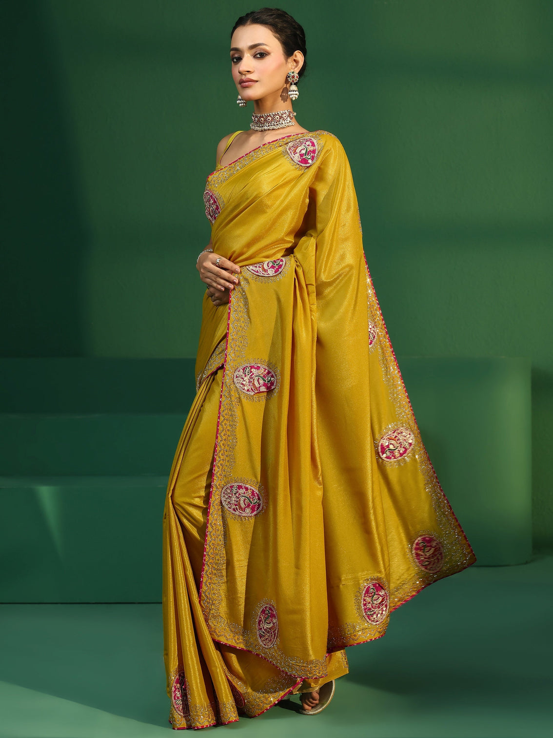 Mameraa Mustard Applique Work Embellished Satin Saree