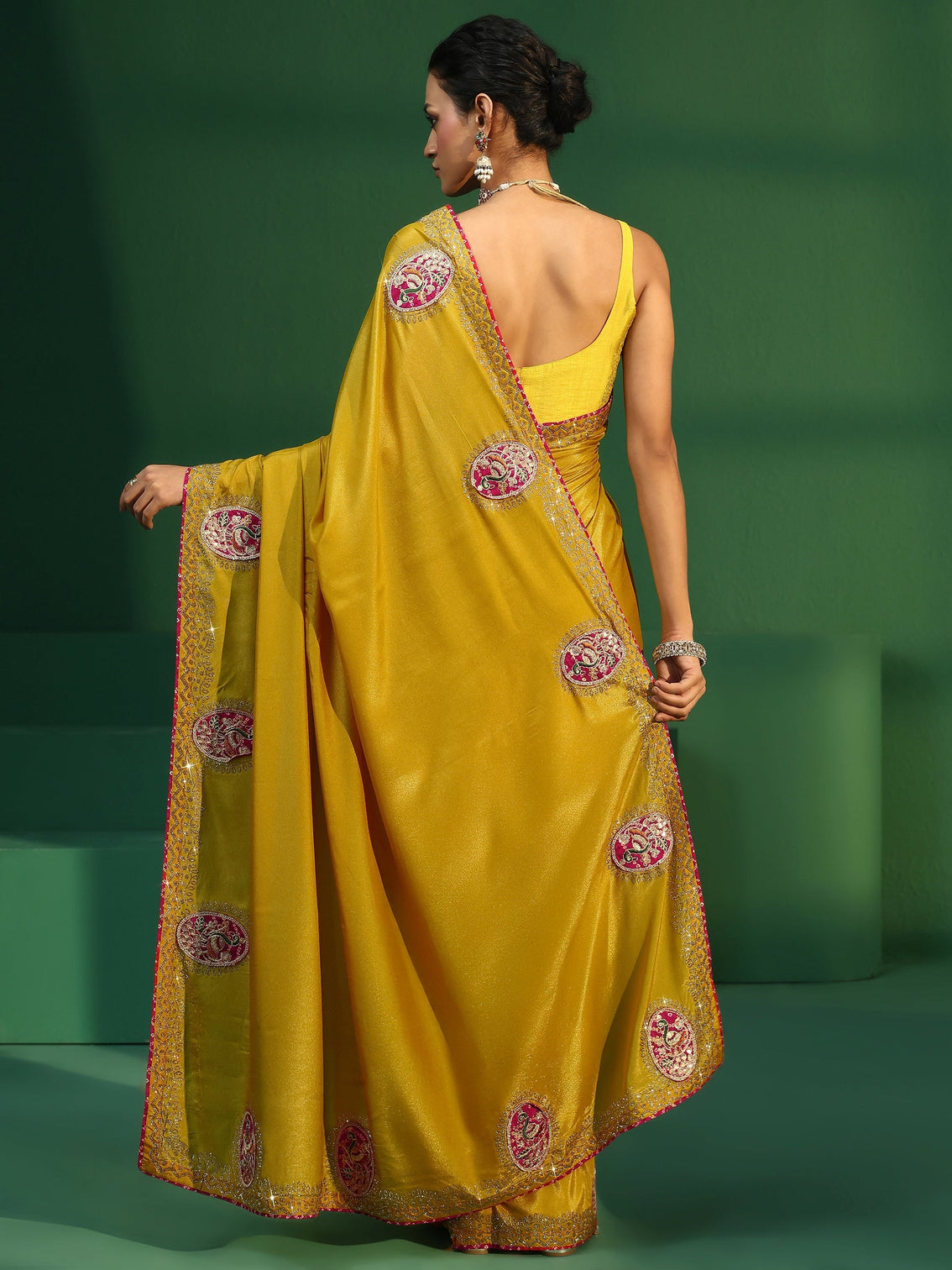 Mameraa Mustard Applique Work Embellished Satin Saree