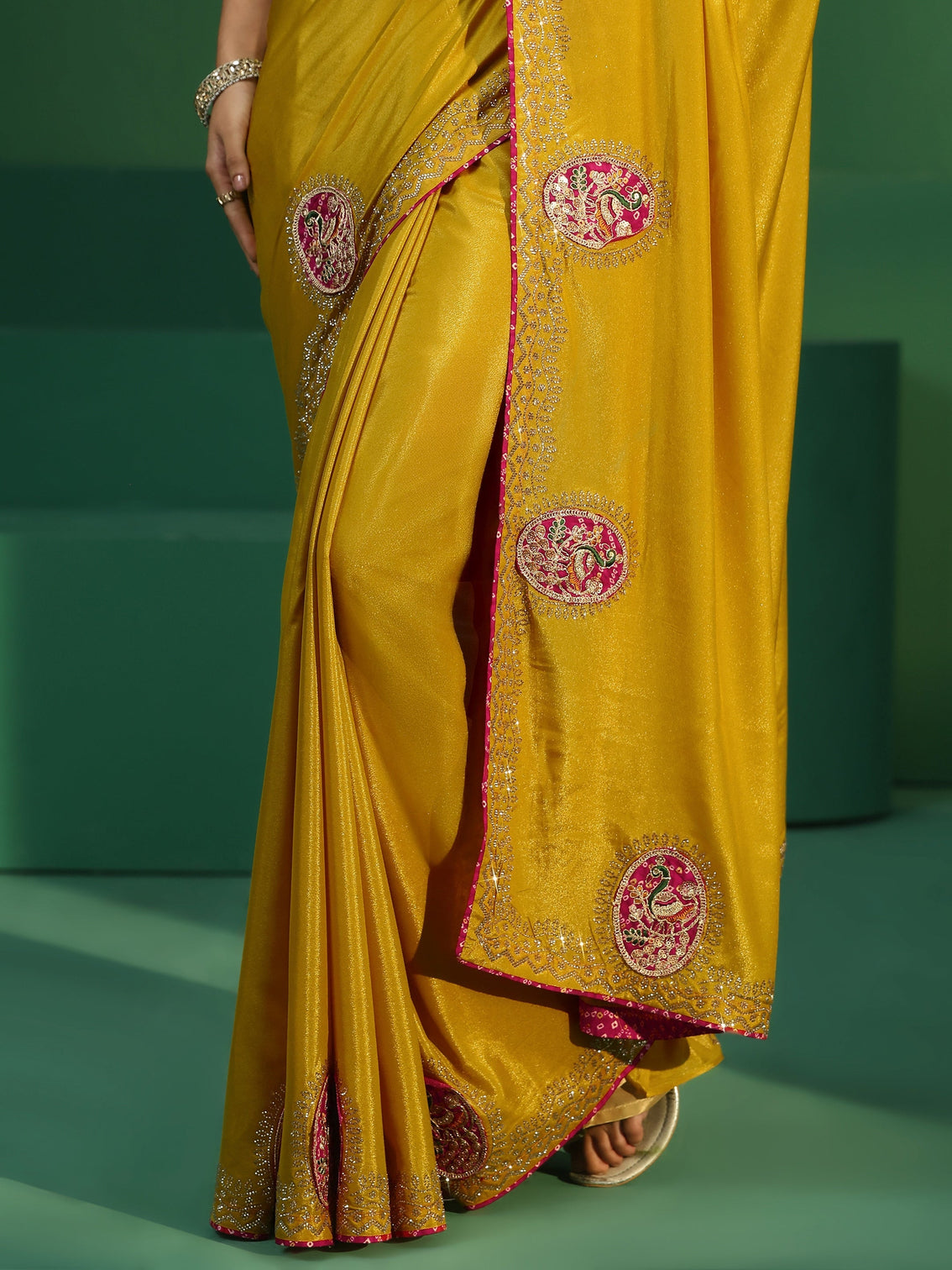 Mameraa Mustard Applique Work Embellished Satin Saree