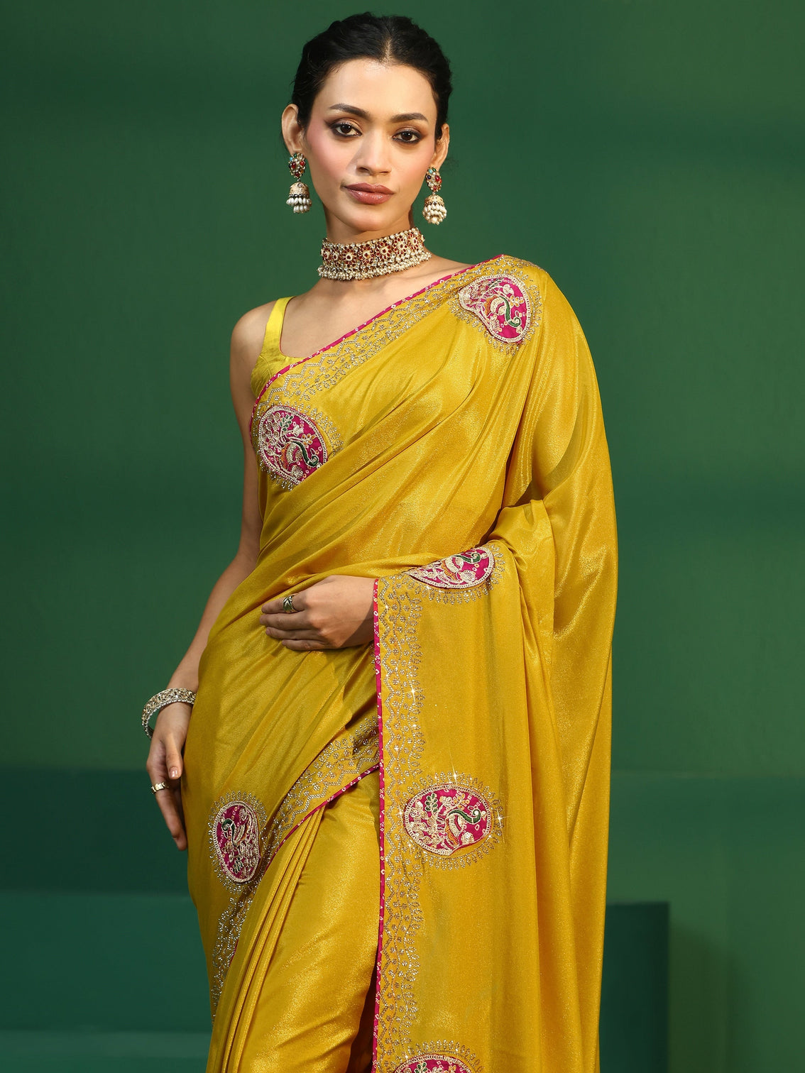 Mameraa Mustard Applique Work Embellished Satin Saree