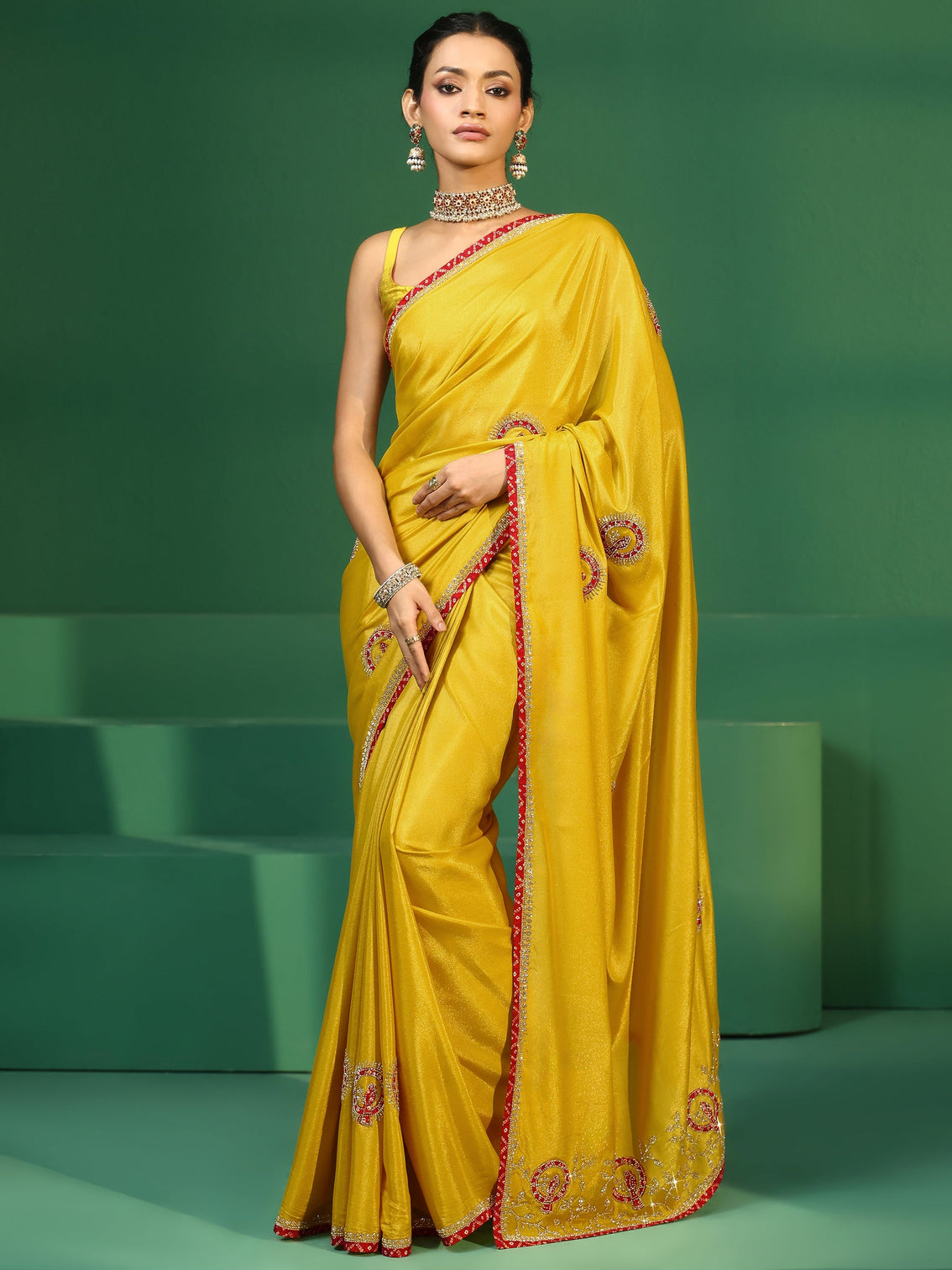 Mameraa Henna Green Applique Work Embellished Satin Saree