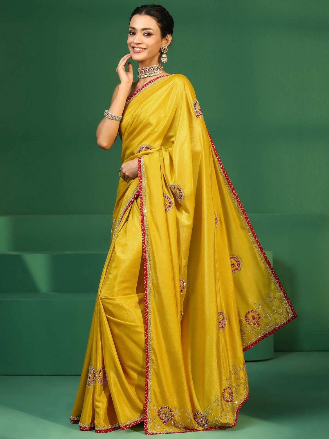 Mameraa Henna Green Applique Work Embellished Satin Saree