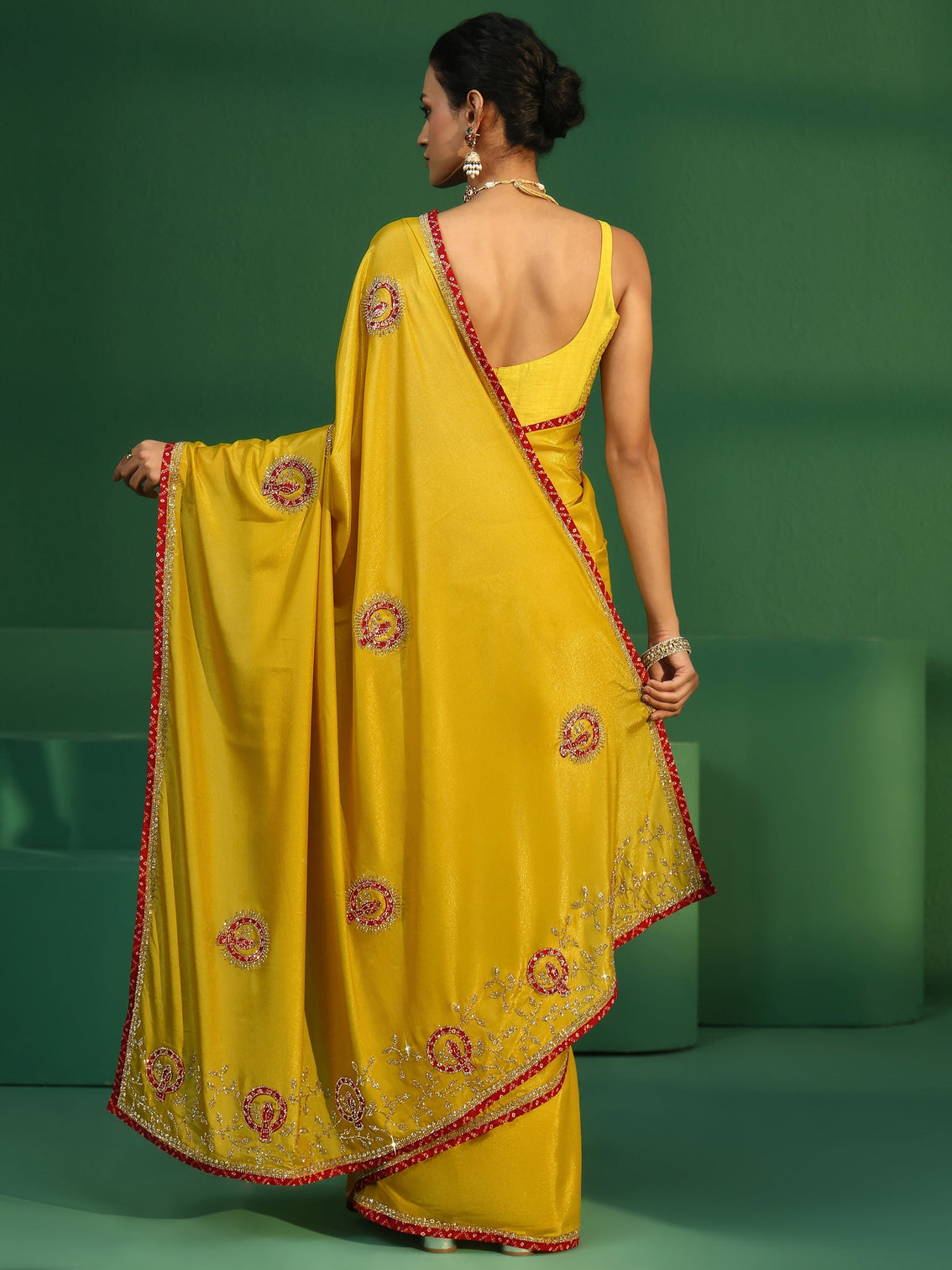 Mameraa Henna Green Applique Work Embellished Satin Saree
