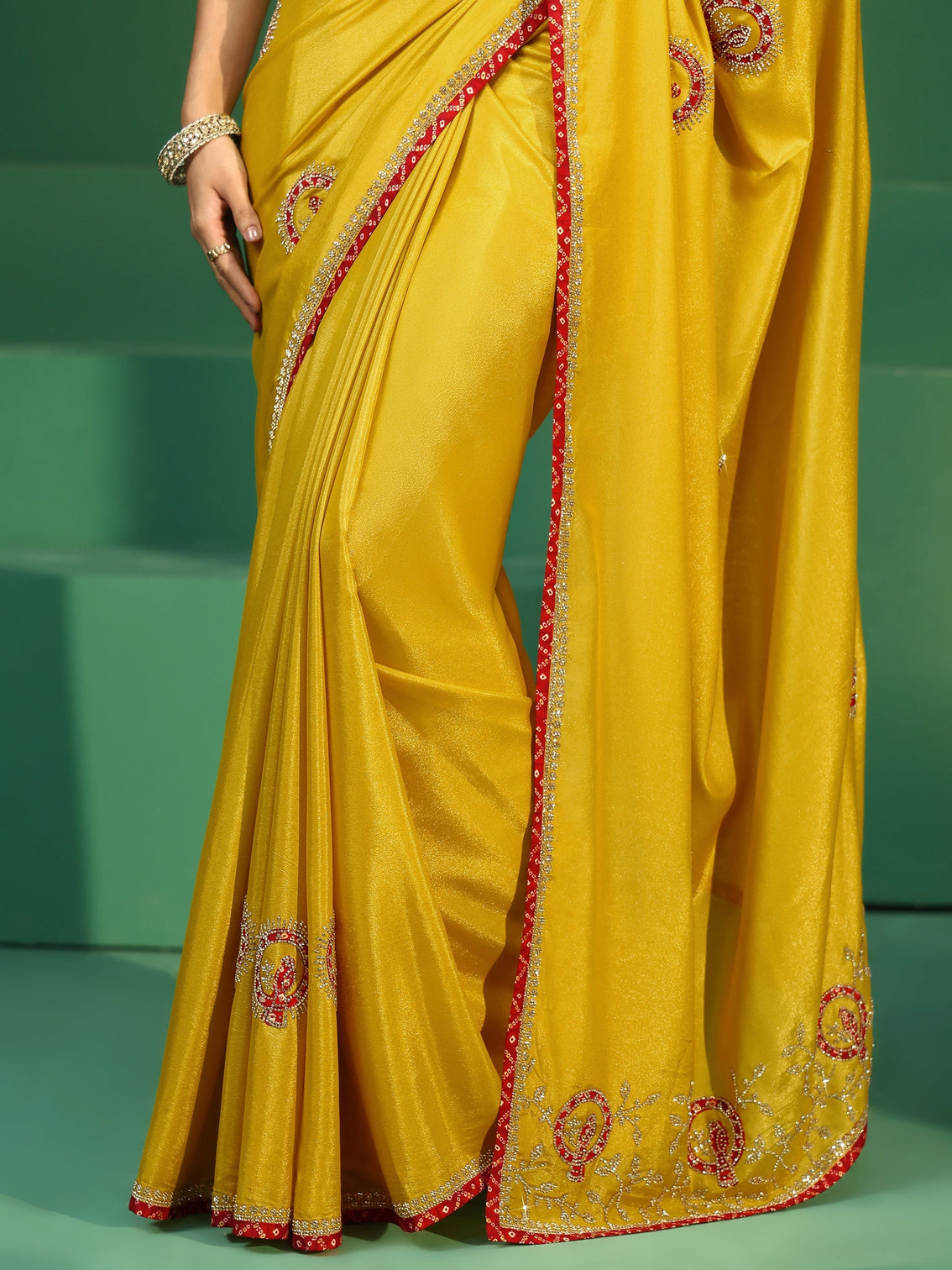 Mameraa Henna Green Applique Work Embellished Satin Saree