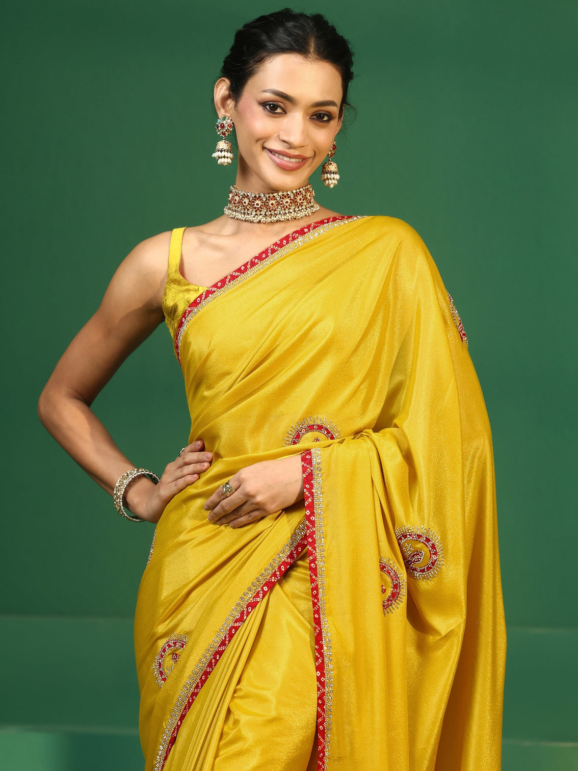 Mameraa Henna Green Applique Work Embellished Satin Saree