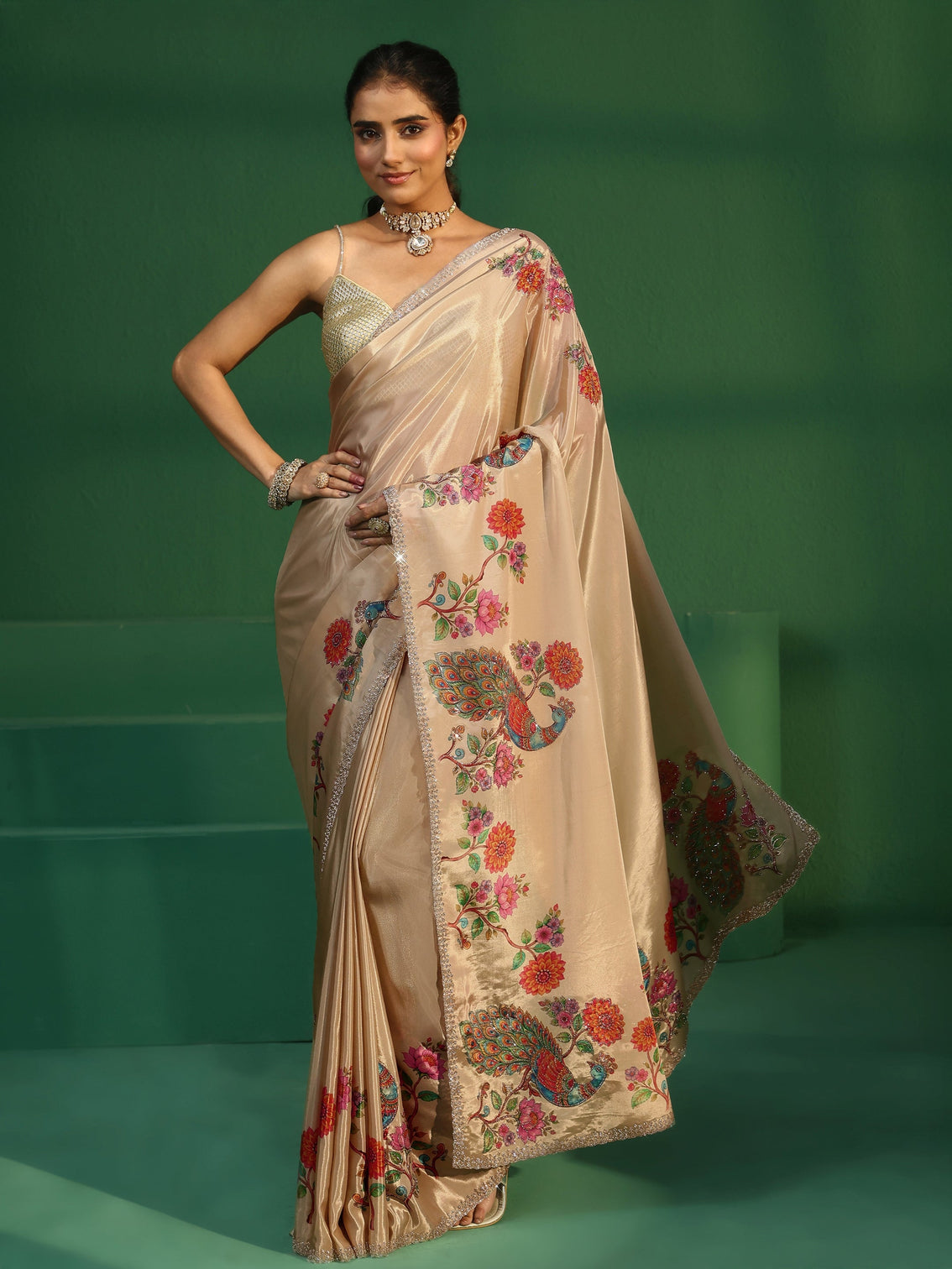 Mameraa Cream Peacock Printed Satin Saree with Embellished Border