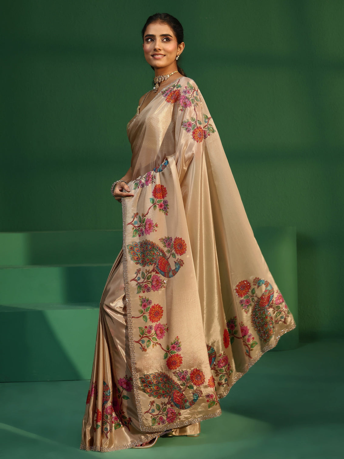 Mameraa Cream Peacock Printed Satin Saree with Embellished Border
