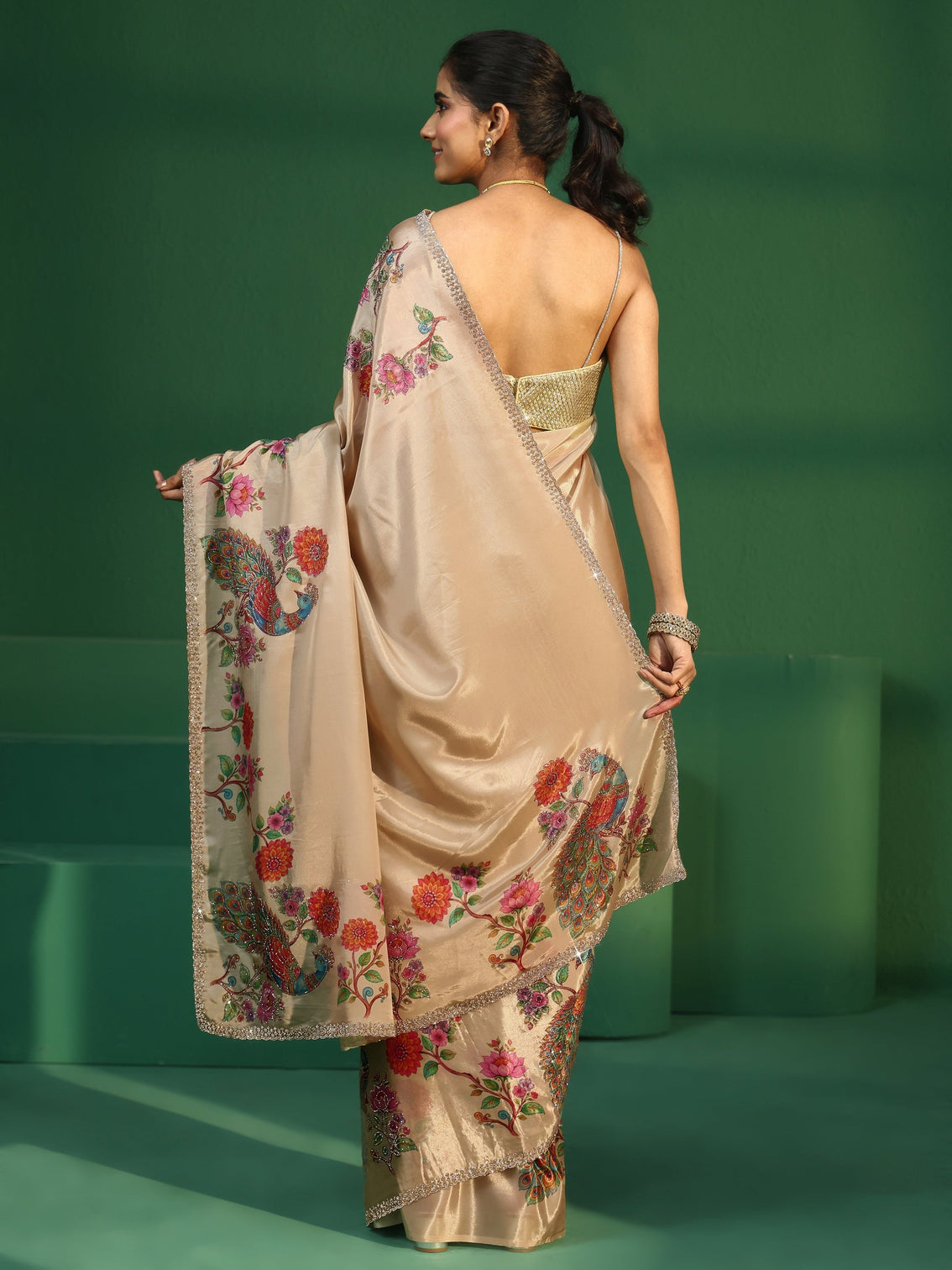 Mameraa Cream Peacock Printed Satin Saree with Embellished Border