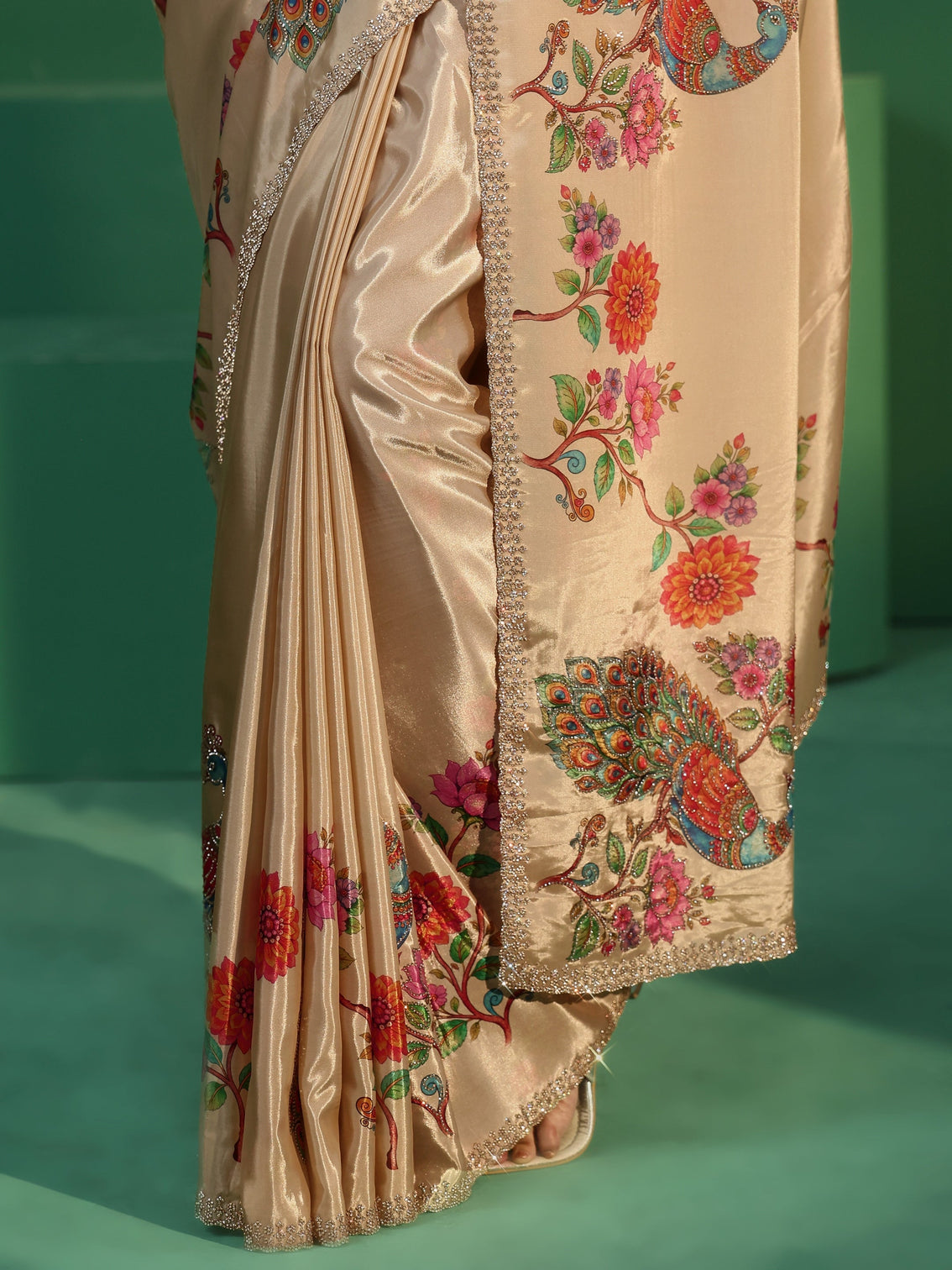 Mameraa Cream Peacock Printed Satin Saree with Embellished Border