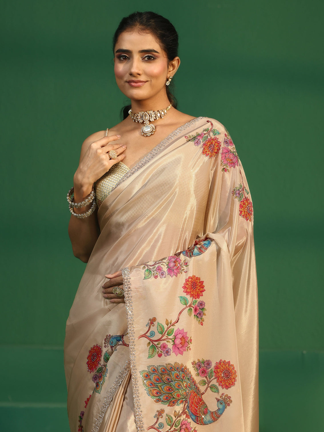 Mameraa Cream Peacock Printed Satin Saree with Embellished Border