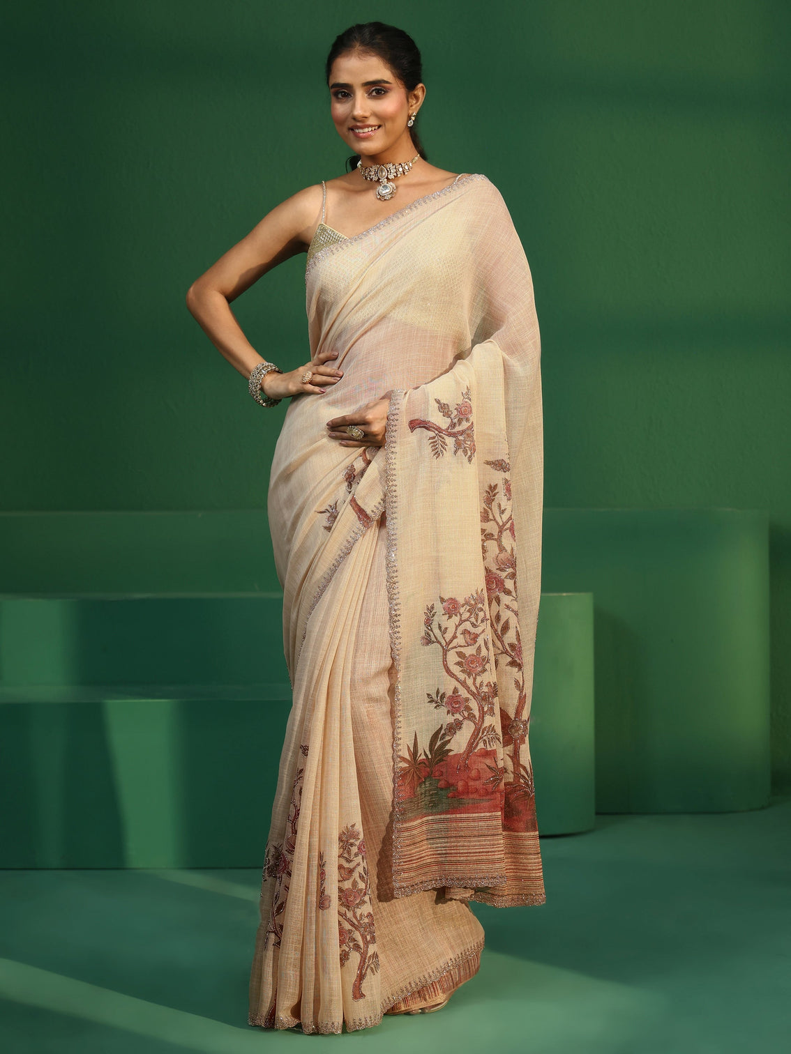 Mameraa Art Cream Printed Cotton Blend Saree with Embellished Border