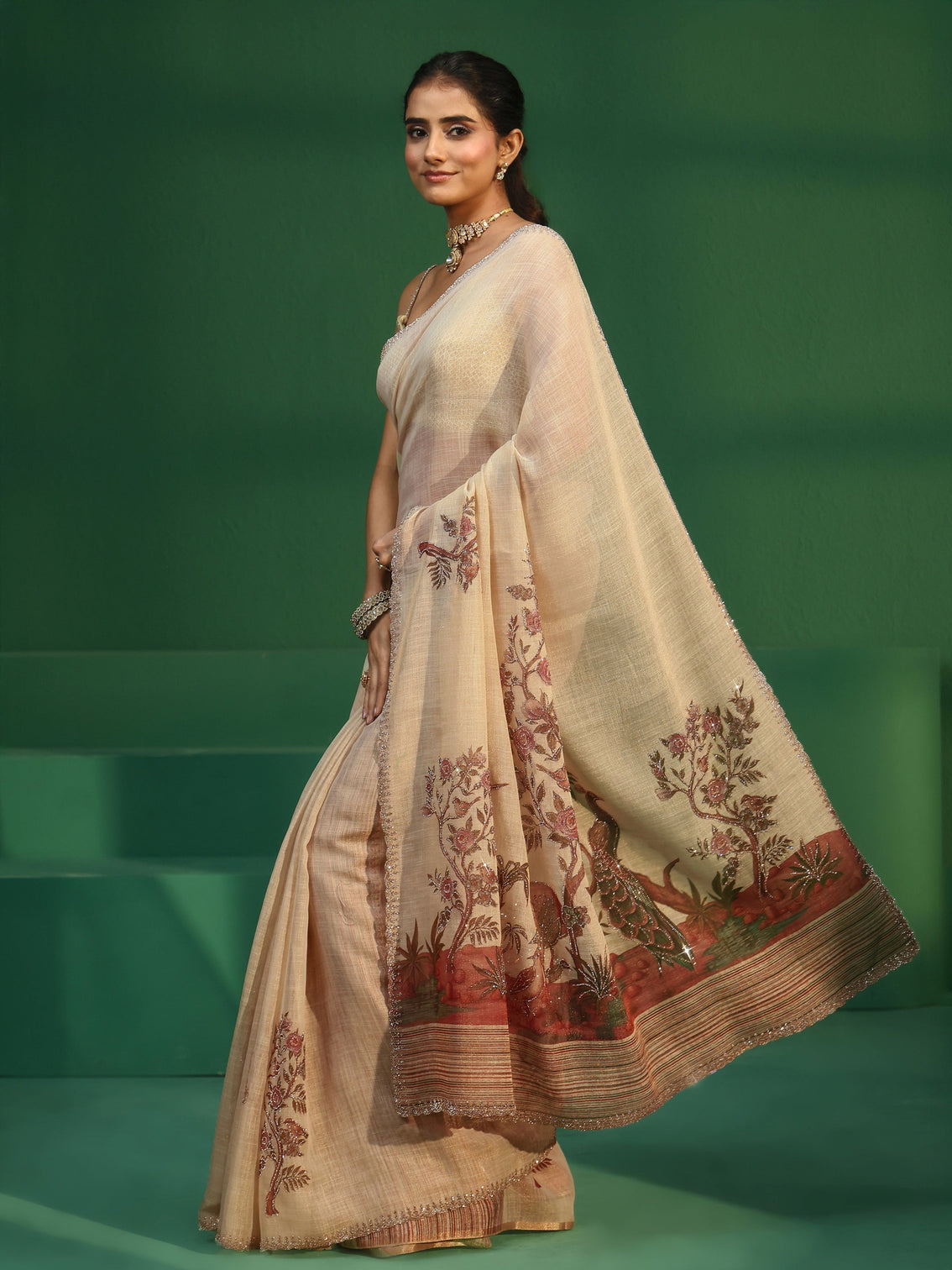 Mameraa Art Cream Printed Cotton Blend Saree with Embellished Border