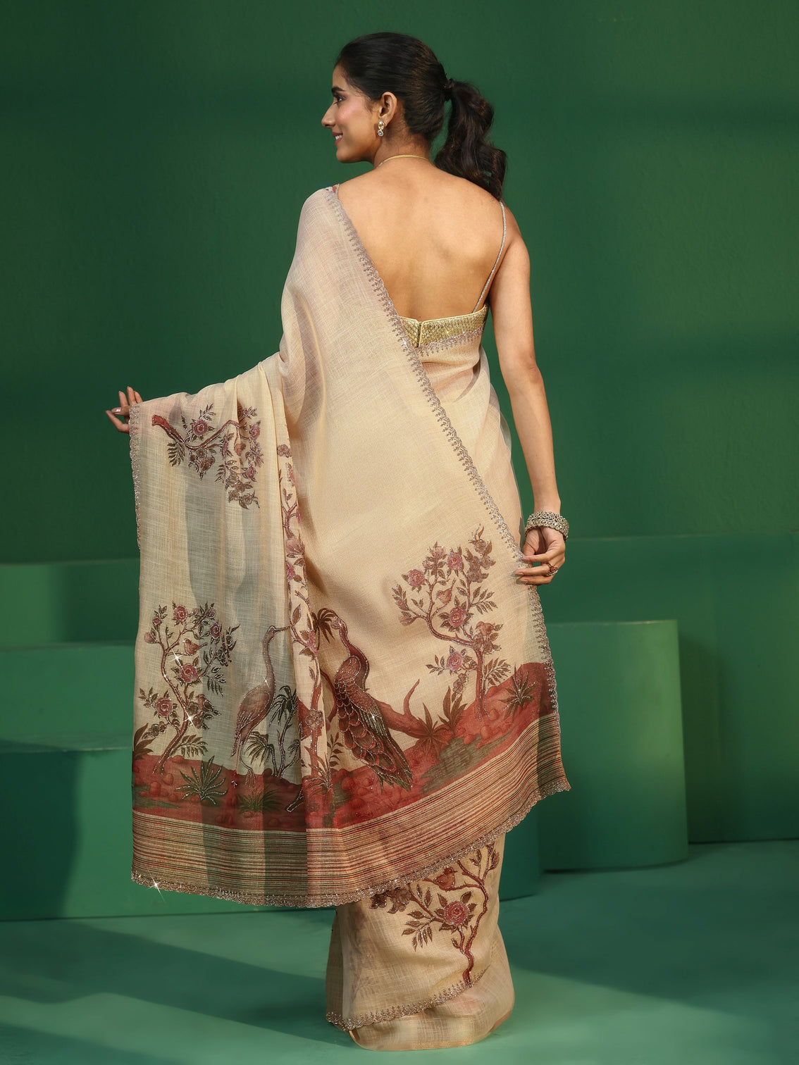 Mameraa Art Cream Printed Cotton Blend Saree with Embellished Border