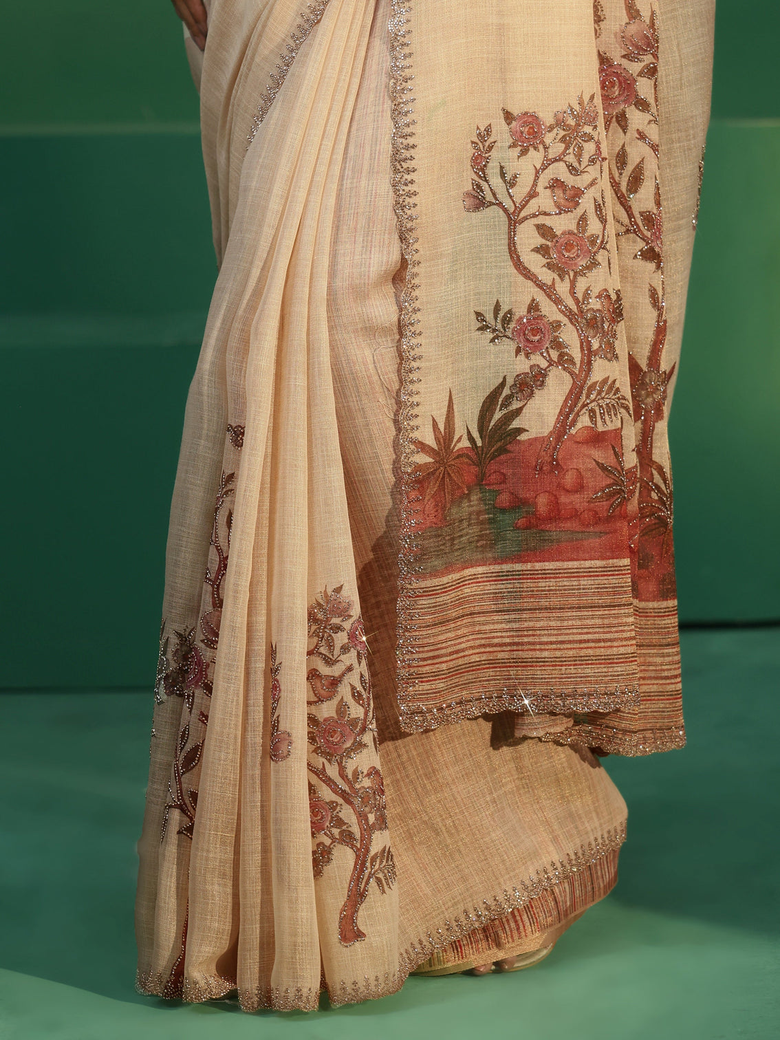 Mameraa Art Cream Printed Cotton Blend Saree with Embellished Border