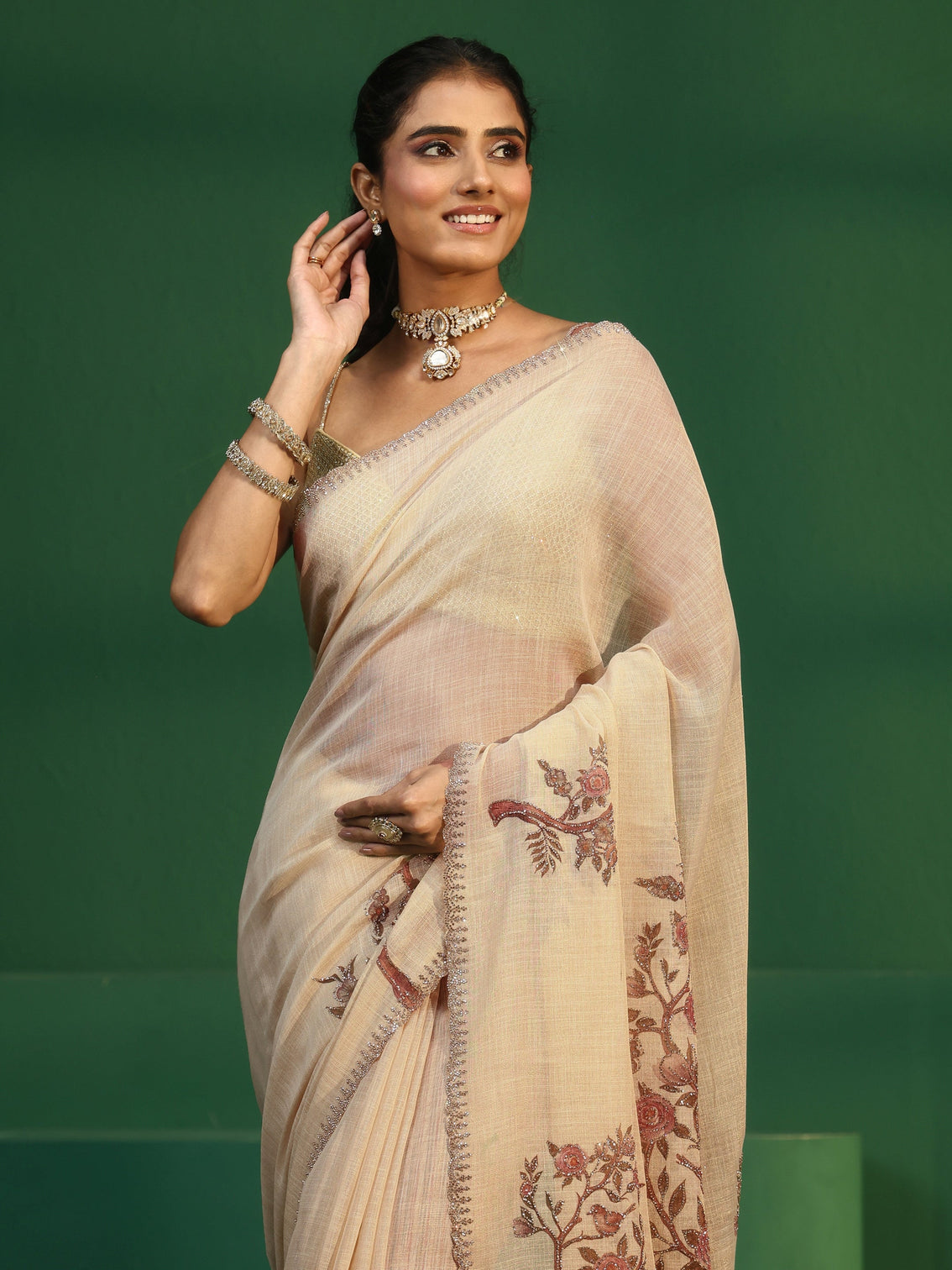 Mameraa Art Cream Printed Cotton Blend Saree with Embellished Border
