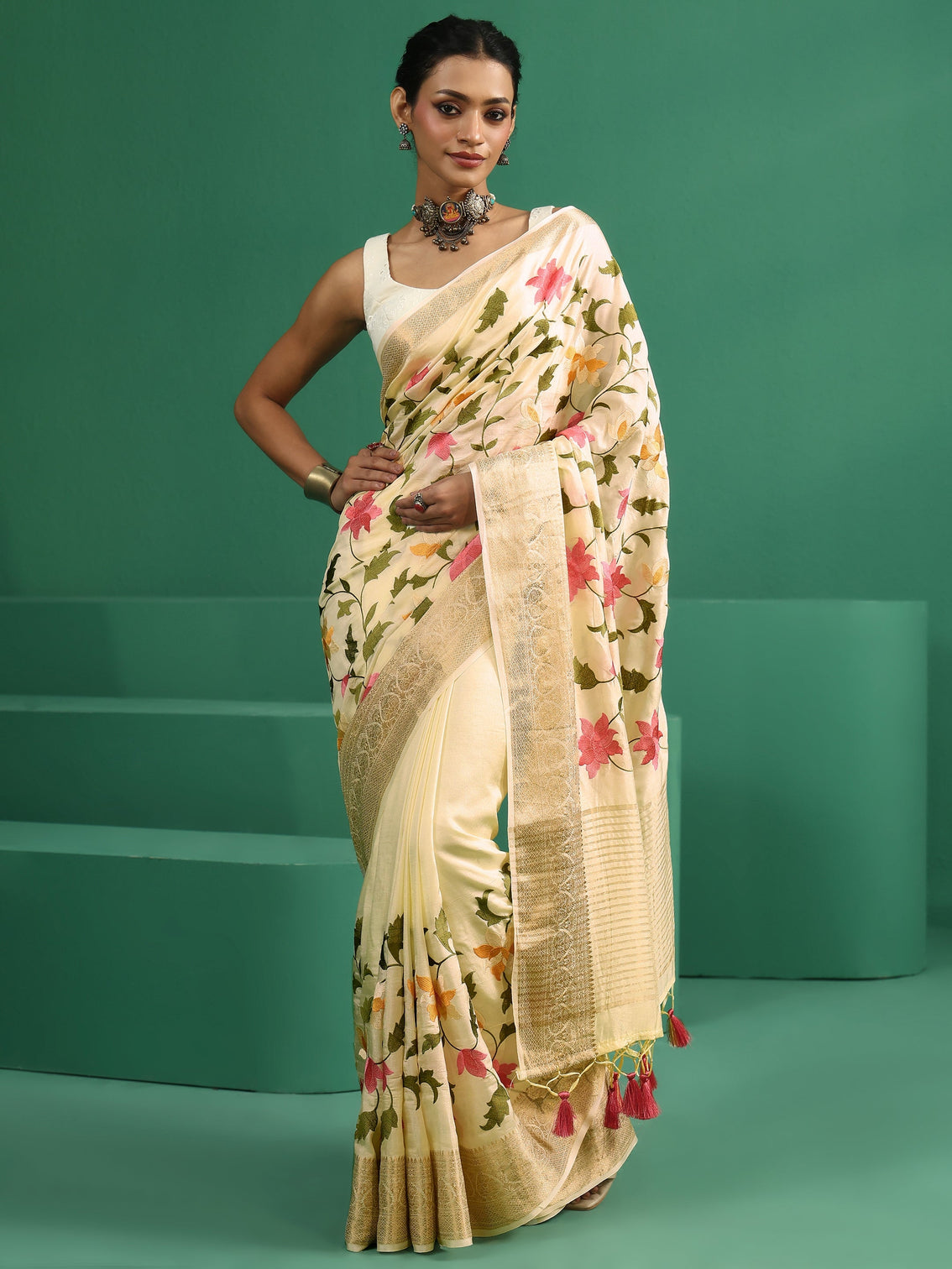 Mameraa Art Off White Floral Embroidered Silk Blend Saree with Woven Border