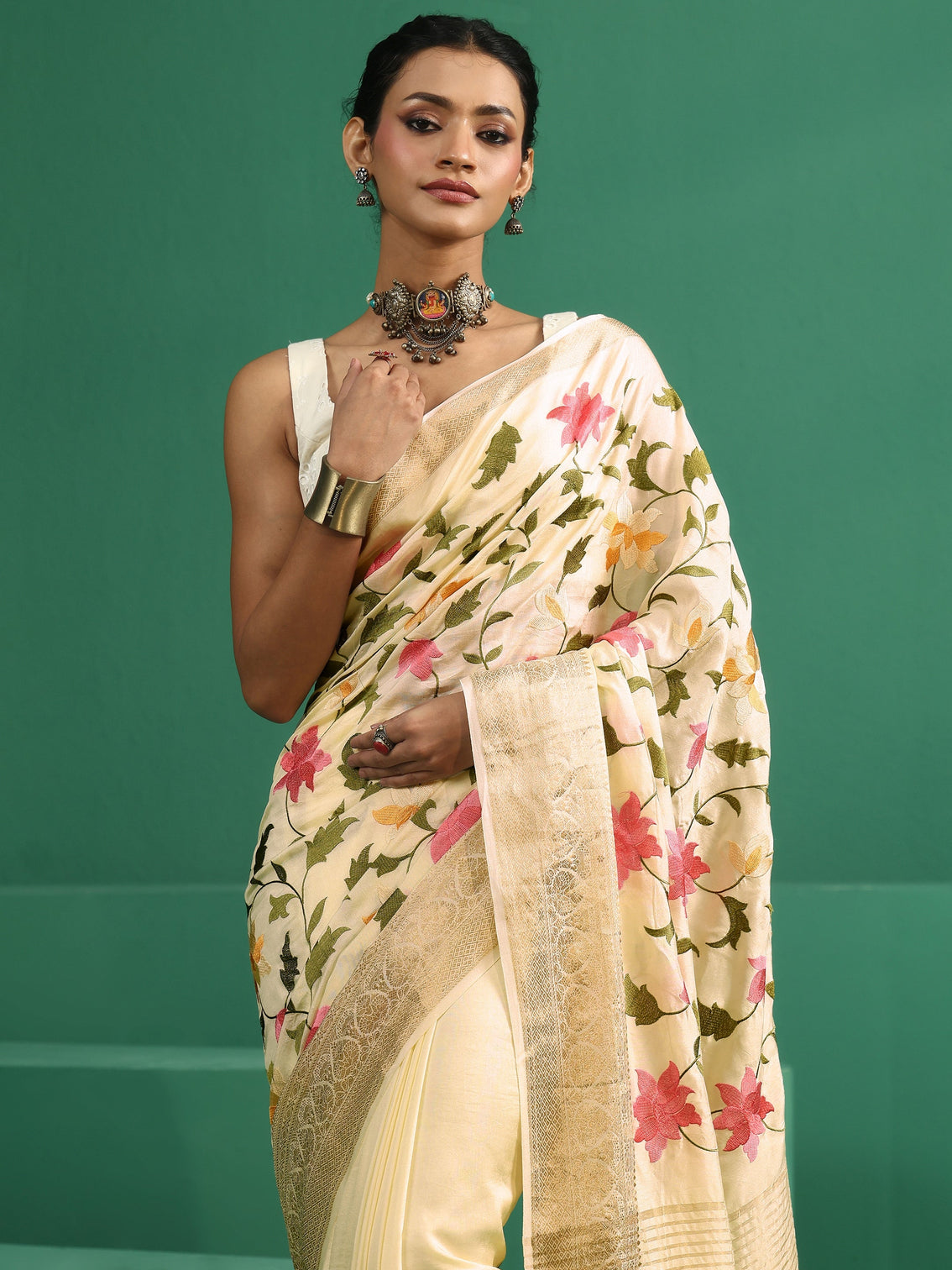 Mameraa Art Off White Floral Embroidered Silk Blend Saree with Woven Border