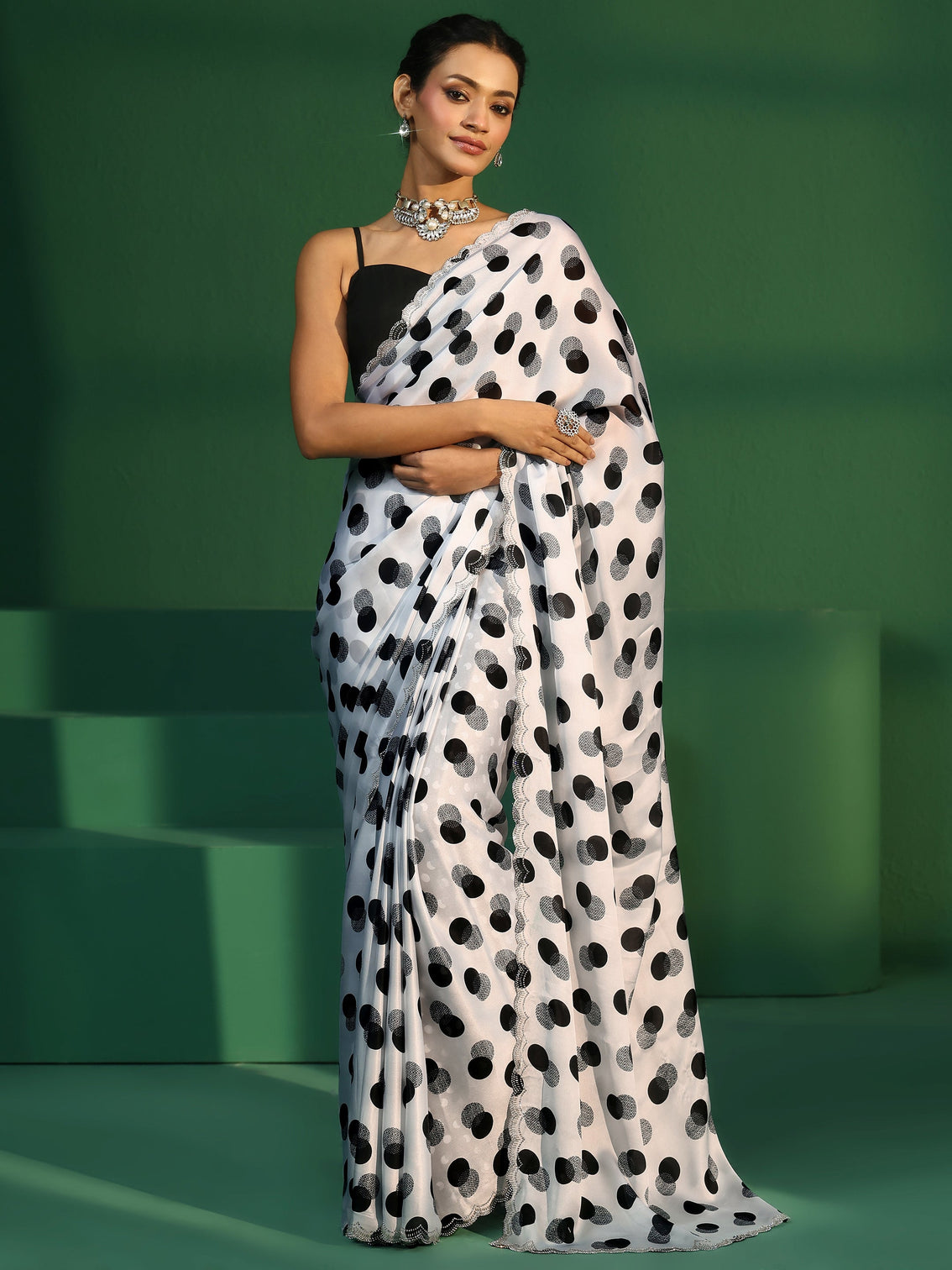 Mameraa White Polka Dot Print Tissue Saree